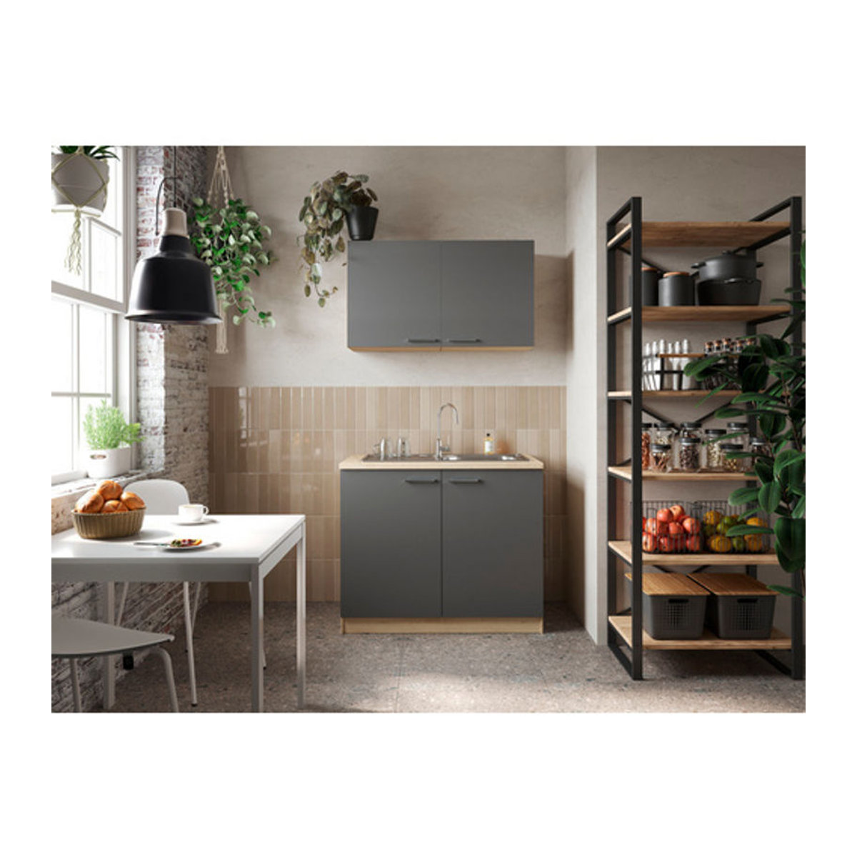 Respekta Küchenzeile Merle in Grau und Eiche mit Spülenschrank und Edelstahl-Elementen, B/H/T: 100 x 200 x 60 cm - Bild 1