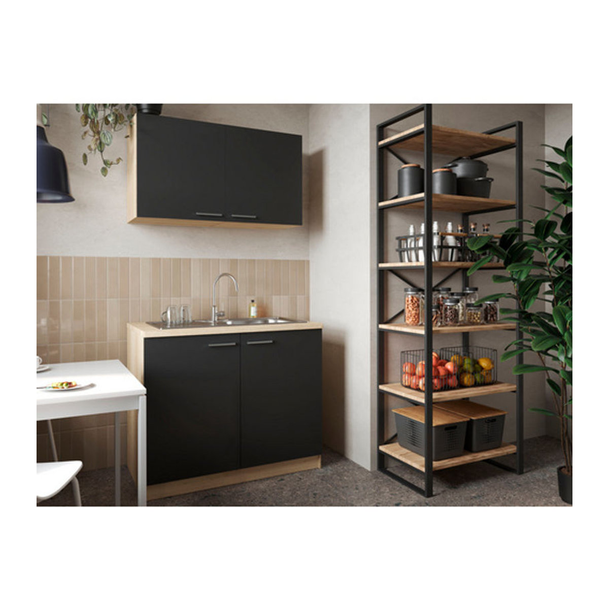 Respekta Küchenzeile Merle in Schwarz und Eiche mit Spülenschrank im Industrial Design, B/H/T: 100 x 200 x 60 cm - Bild 1