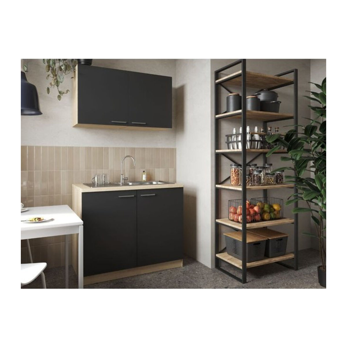 Respekta Küchenzeile Merle in Schwarz und Eiche mit Spülenschrank im Industrial Design, B/H/T: 100 x 200 x 60 cm - Bild 3