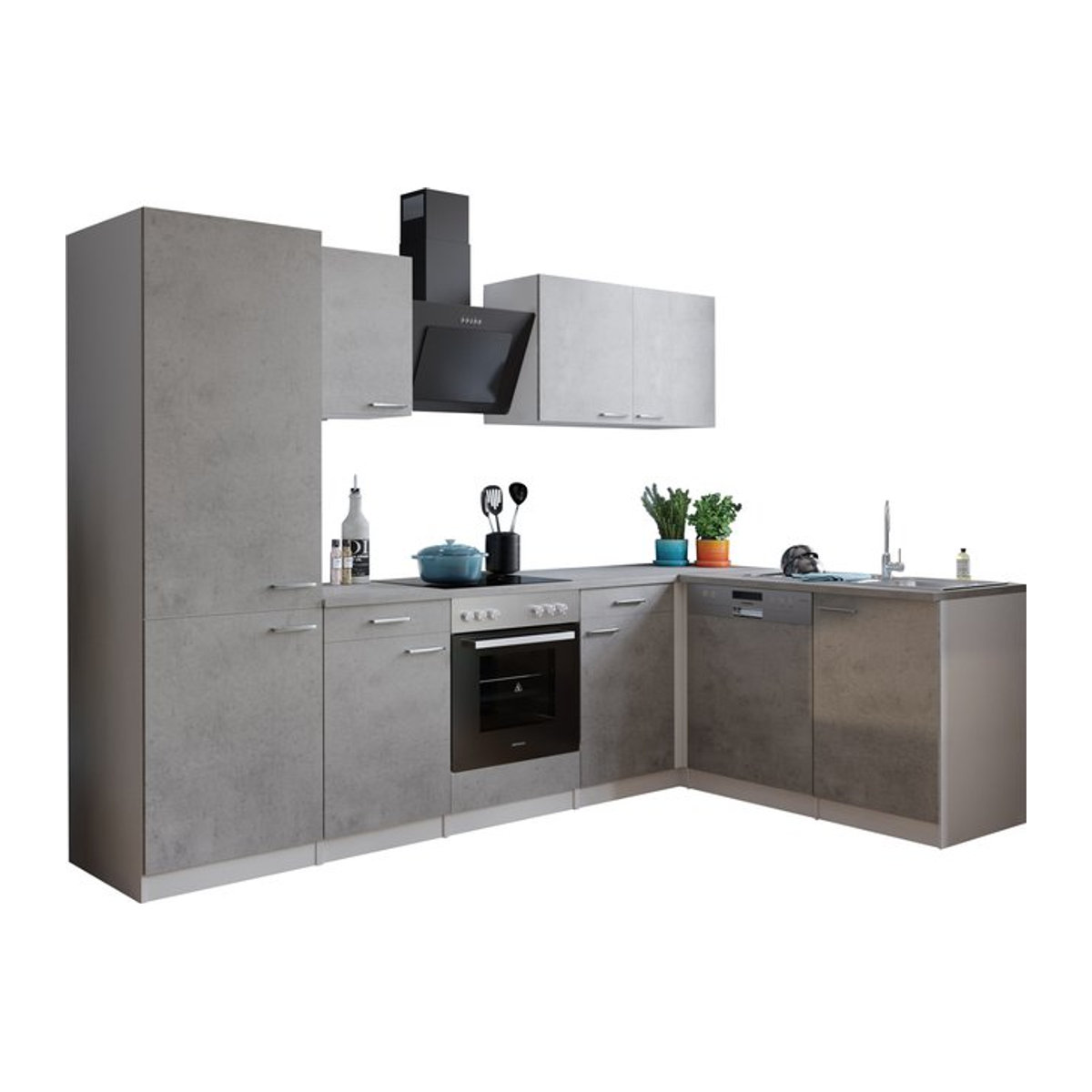 Respekta Malia Winkelküche in Beton Optik mit Glaskeramikkochfeld, Kühlkombination und Geschirrspüler, Grau/Weiß, B/H/T: 280 x 200 x 172 cm - Bild 1