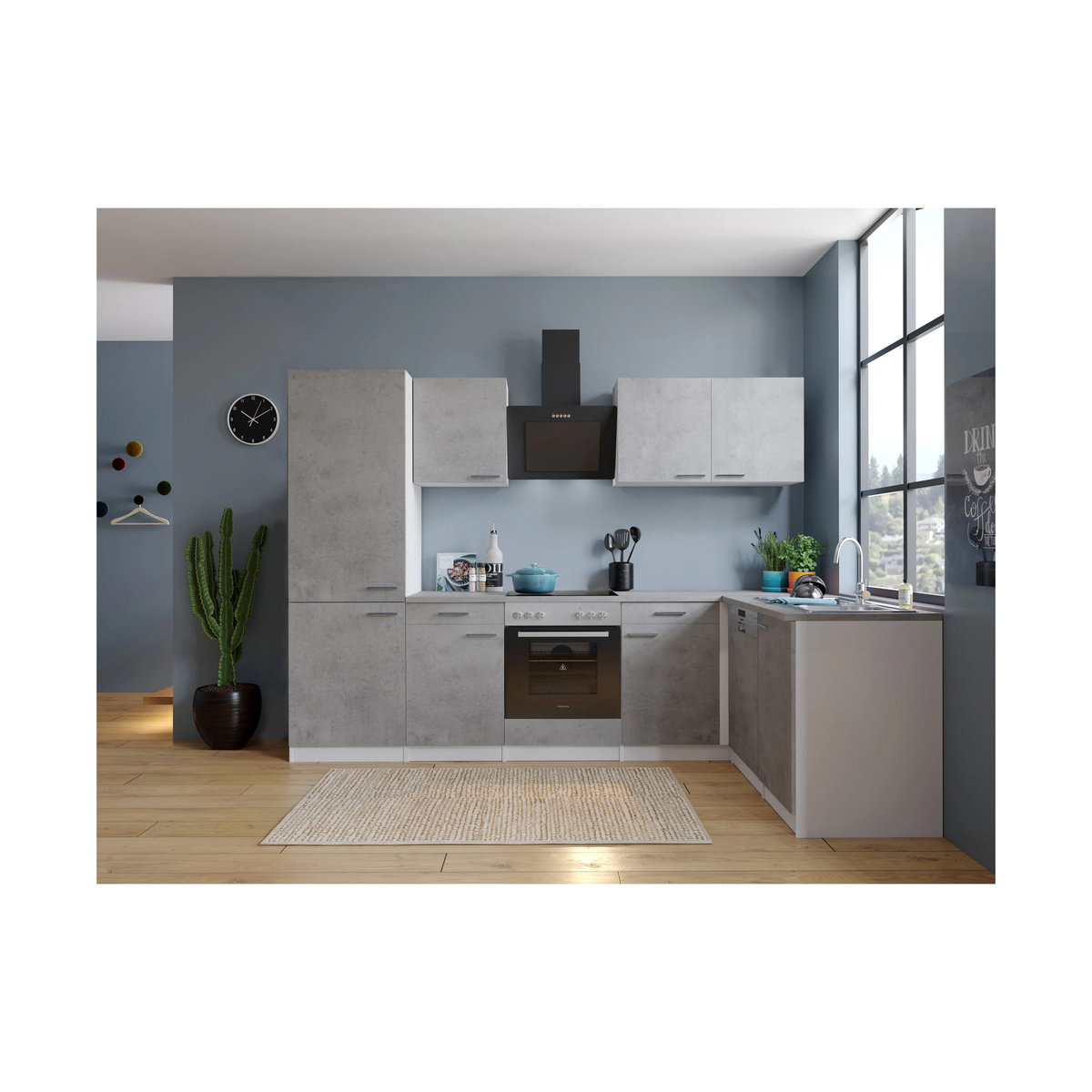 Respekta Malia Winkelküche in Beton Optik mit Glaskeramikkochfeld, Kühlkombination und Geschirrspüler, Grau/Weiß, B/H/T: 280 x 200 x 172 cm - Bild 2