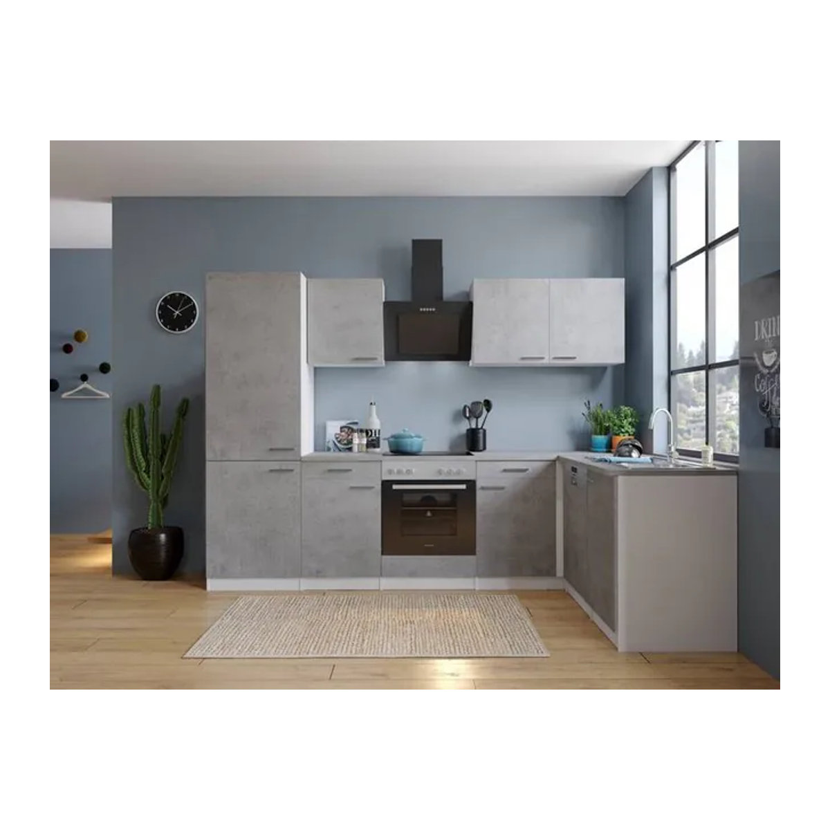 Respekta Malia Winkelküche in Beton Optik mit Glaskeramikkochfeld, Kühlkombination und Geschirrspüler, Grau/Weiß, B/H/T: 280 x 200 x 172 cm - Bild 3