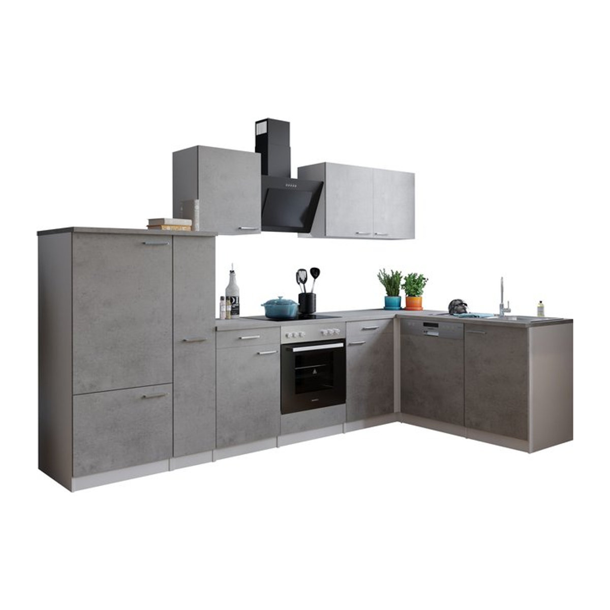 Respekta Malia Winkelküche in Beton Optik mit Grau und Weiß, Modern Industrial Design, B/H/T: 310 x 200 x 172 cm - Bild 1