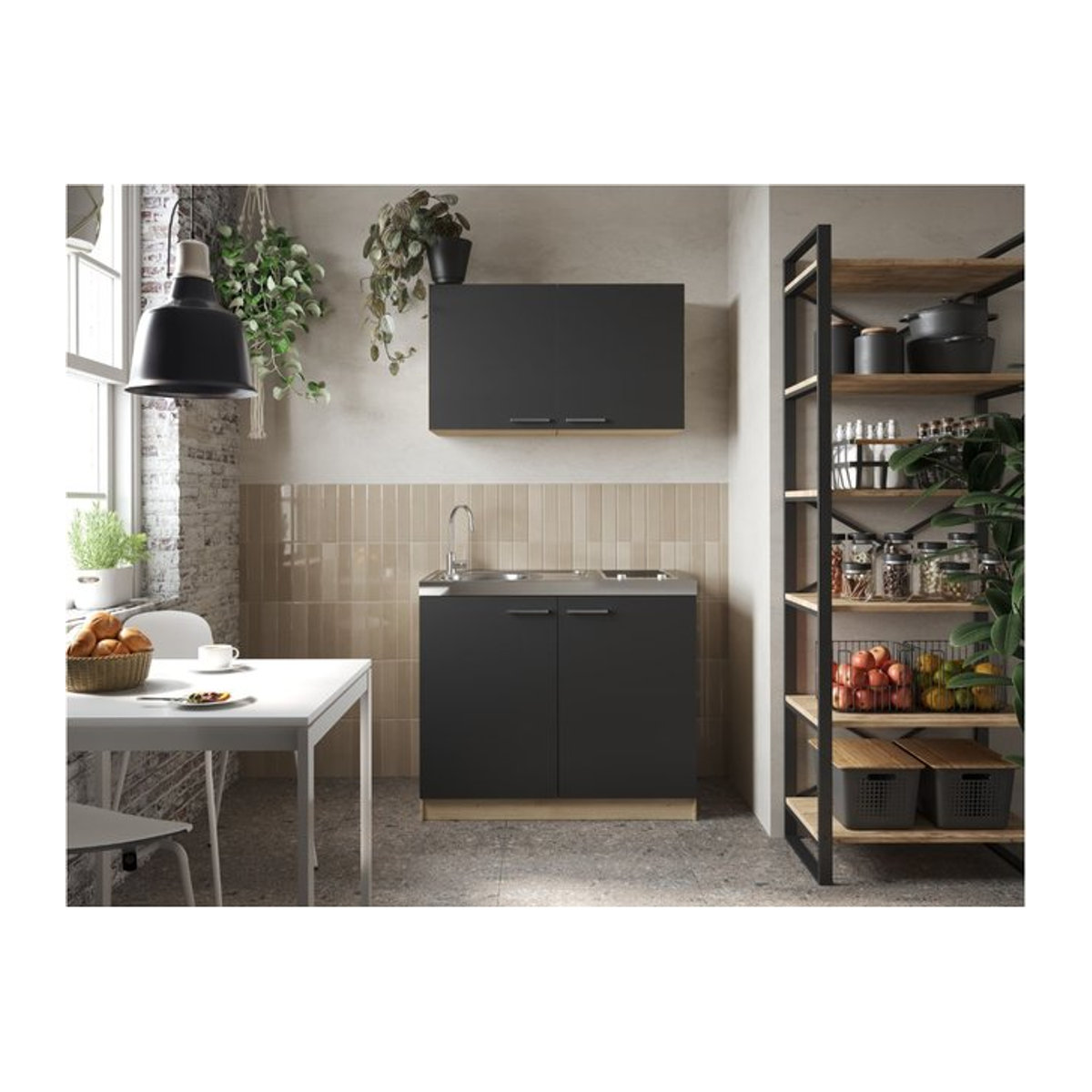 Respekta Merle Pantry-Küche Küchenzeile modern Schwarz Eiche Natur B/H/T: 100 x 200 x 60 cm - Bild 1