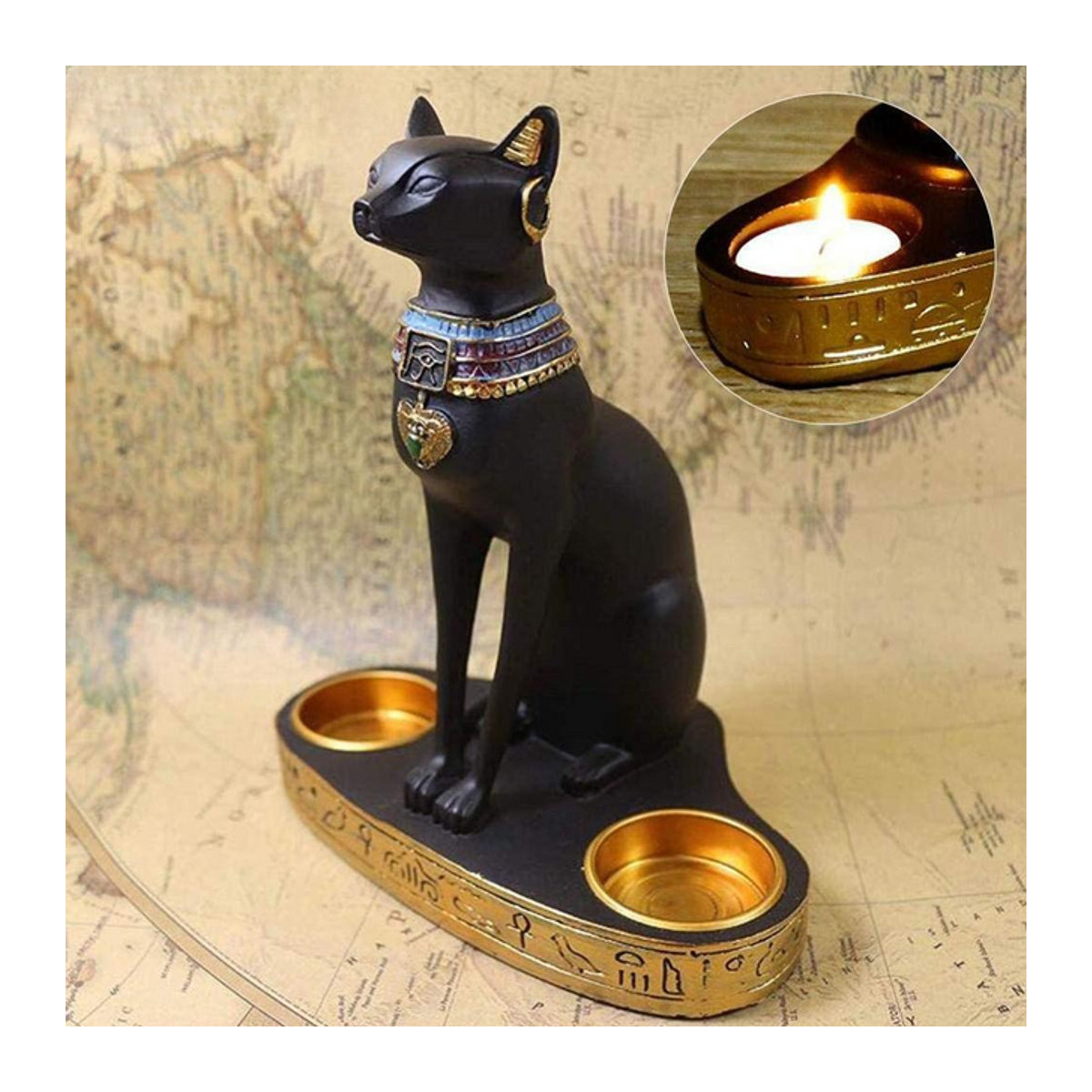 Retro Ägyptische Katze Kerzenständer aus Kunstharz in Schwarz als dekorative Göttin Figur für dein Zuhause oder den Garten - Bild 1