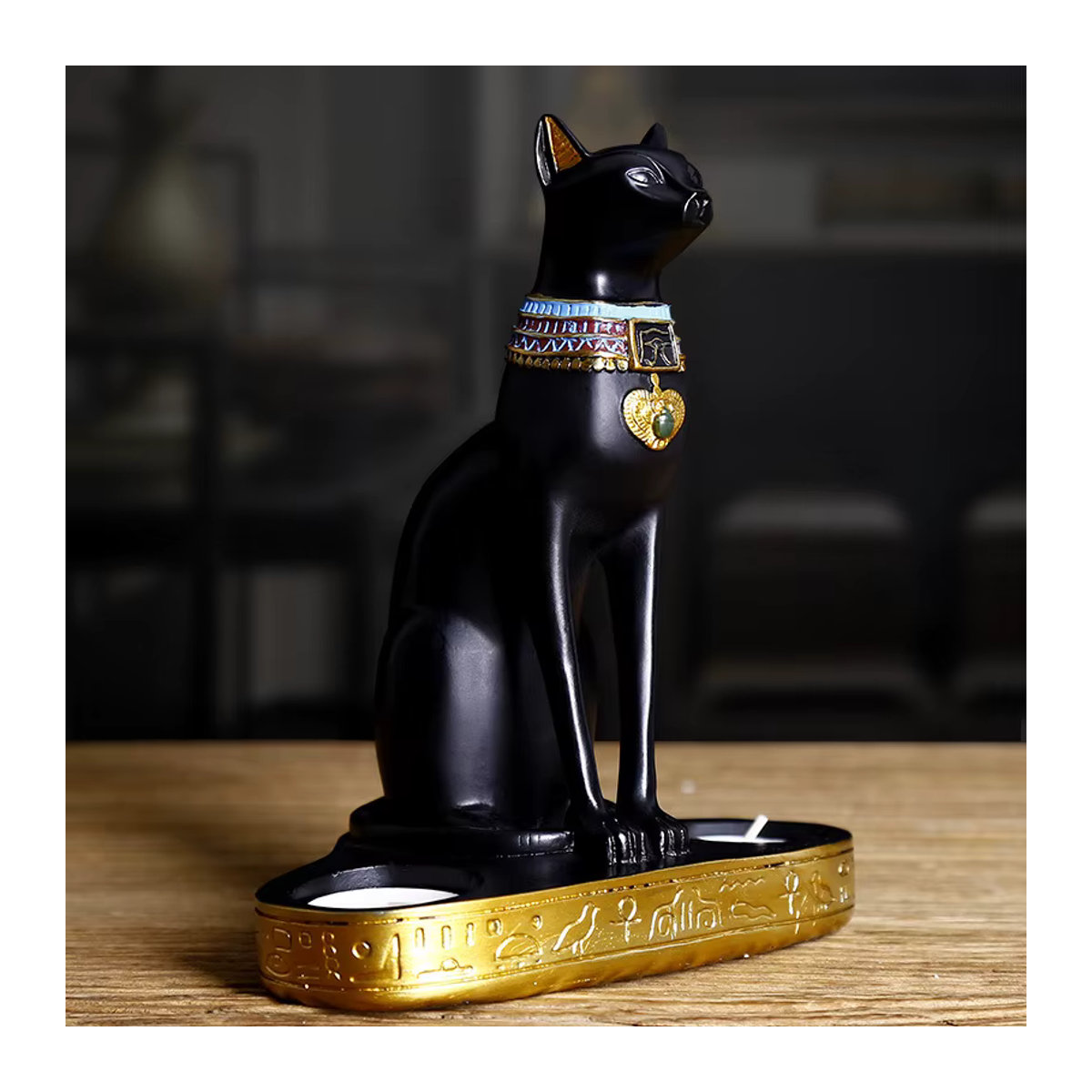 Retro Ägyptische Katze Kerzenständer aus Kunstharz in Schwarz als dekorative Göttin Figur für dein Zuhause oder den Garten - Bild 5