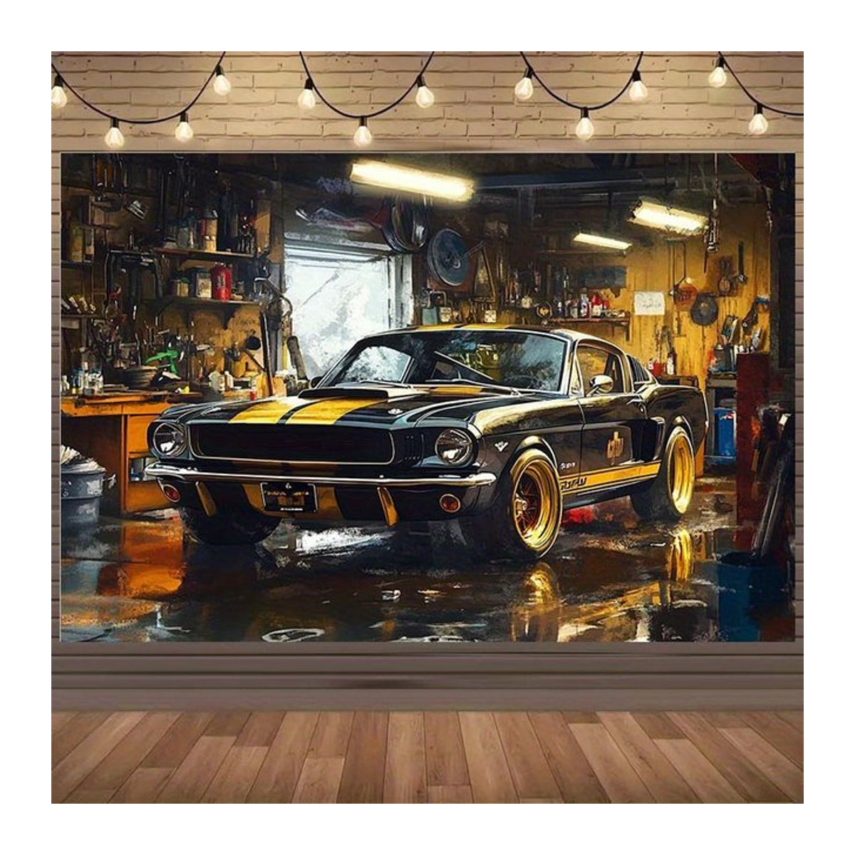 Retro-Garagenwagen Wandbehang im Industriestil mit klassischem Sportwagen-Design, mehrfarbig und schwarz, B: 150 cm, H: 100 cm - Bild 1