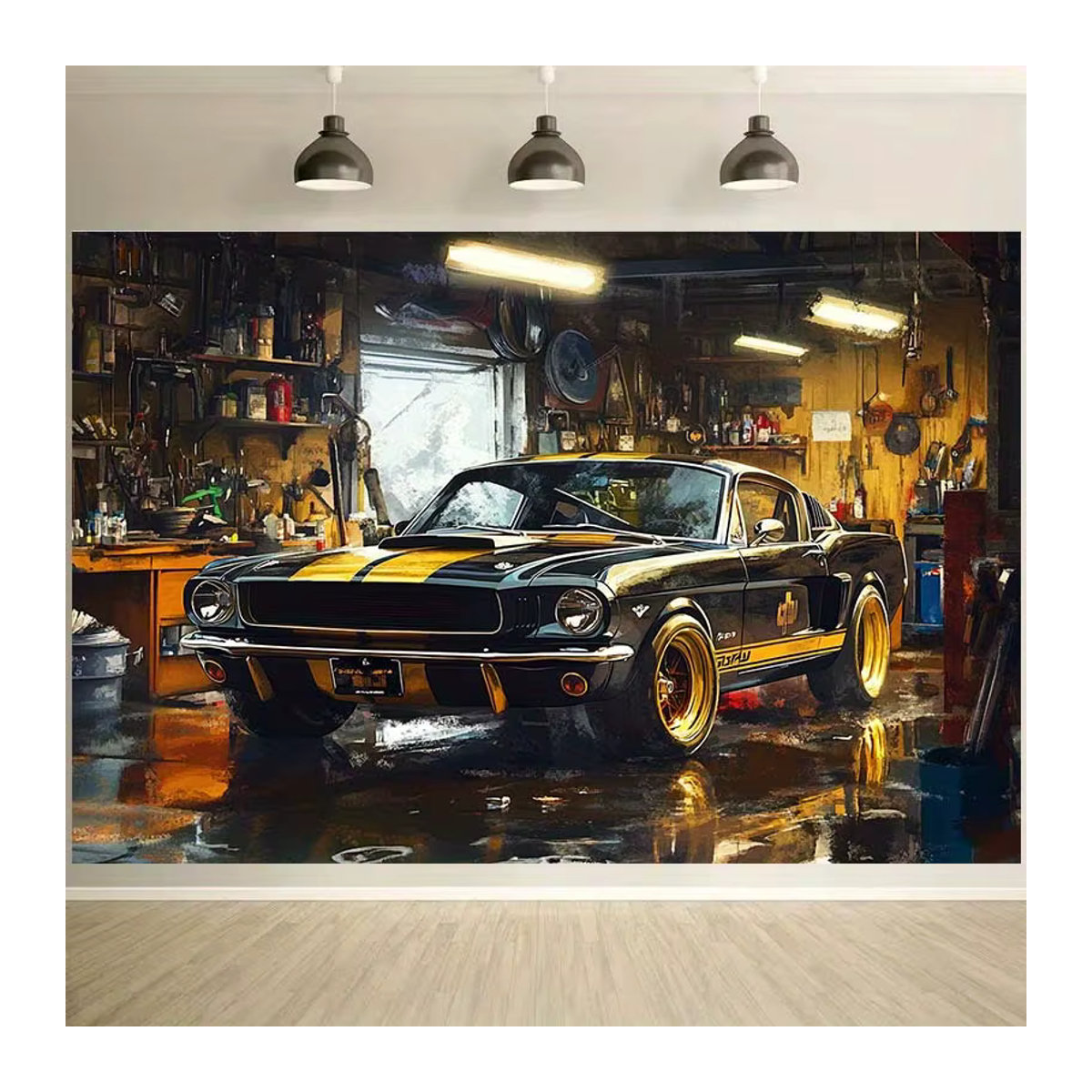 Retro-Garagenwagen Wandbehang im Industriestil mit klassischem Sportwagen-Design, mehrfarbig und schwarz, B: 150 cm, H: 100 cm - Bild 2