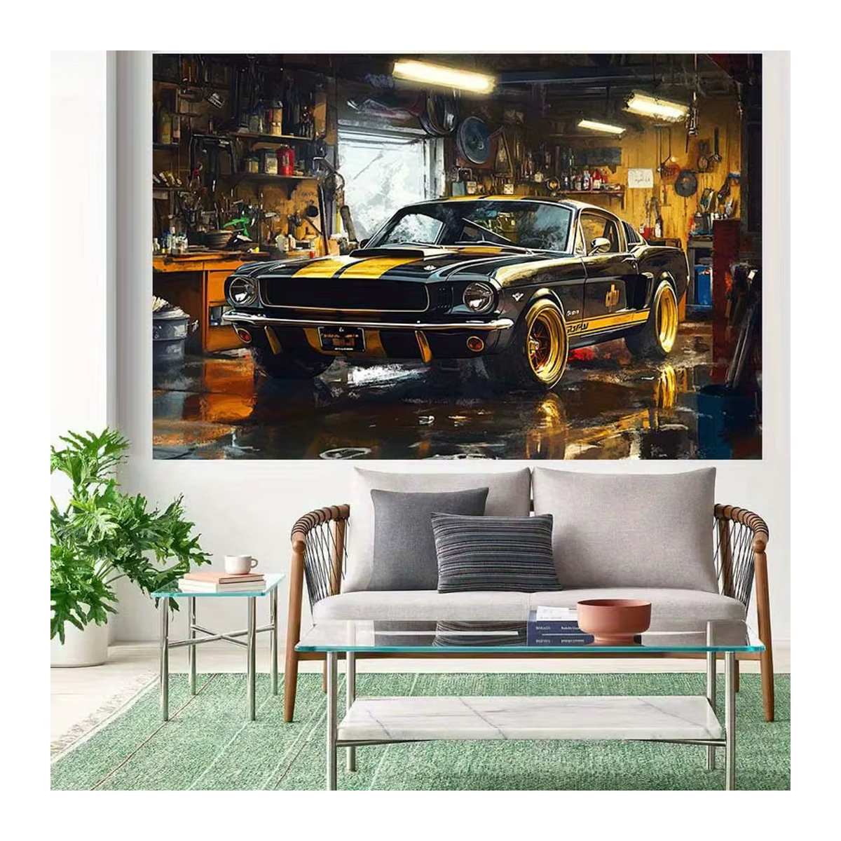 Retro-Garagenwagen Wandbehang im Industriestil mit klassischem Sportwagen-Design, mehrfarbig und schwarz, B: 150 cm, H: 100 cm - Bild 3