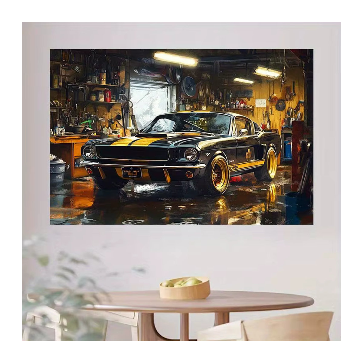 Retro-Garagenwagen Wandbehang im Industriestil mit klassischem Sportwagen-Design, mehrfarbig und schwarz, B: 150 cm, H: 100 cm - Bild 4