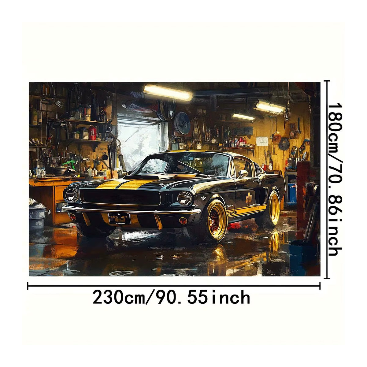 Retro-Garagenwagen Wandbehang im Industriestil mit klassischem Sportwagen-Design, mehrfarbig und schwarz, B: 150 cm, H: 100 cm - Bild 5