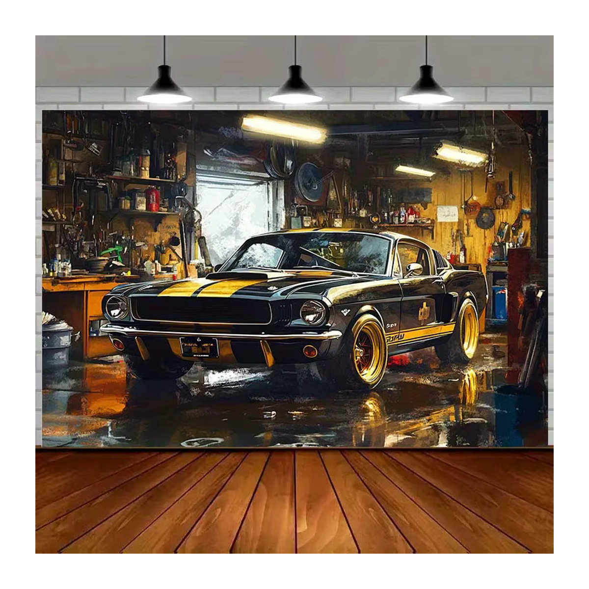 Retro-Garagenwagen Wandbehang im Industriestil mit klassischem Sportwagen-Design, mehrfarbig und schwarz, B: 150 cm, H: 100 cm - Bild 6
