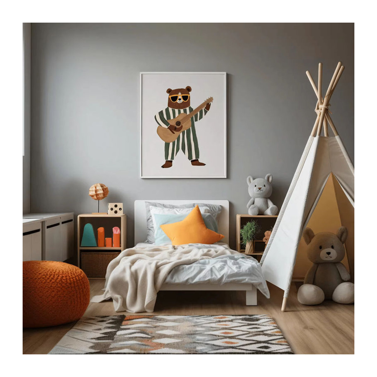 Retro-Gitarren-Bär Wandkunst für das Kinderzimmer als mehrfarbiger Digitaldruck im Hochformat - Bild 4