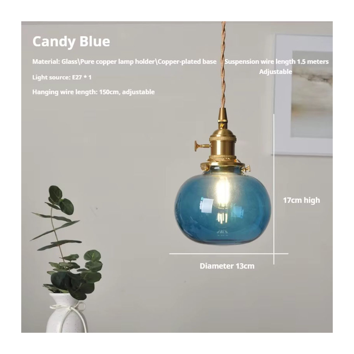 Retro Glas Pendelleuchte in Blau mit E27 Fassung für Esszimmer, Bar und Schlafzimmer - Bild 4