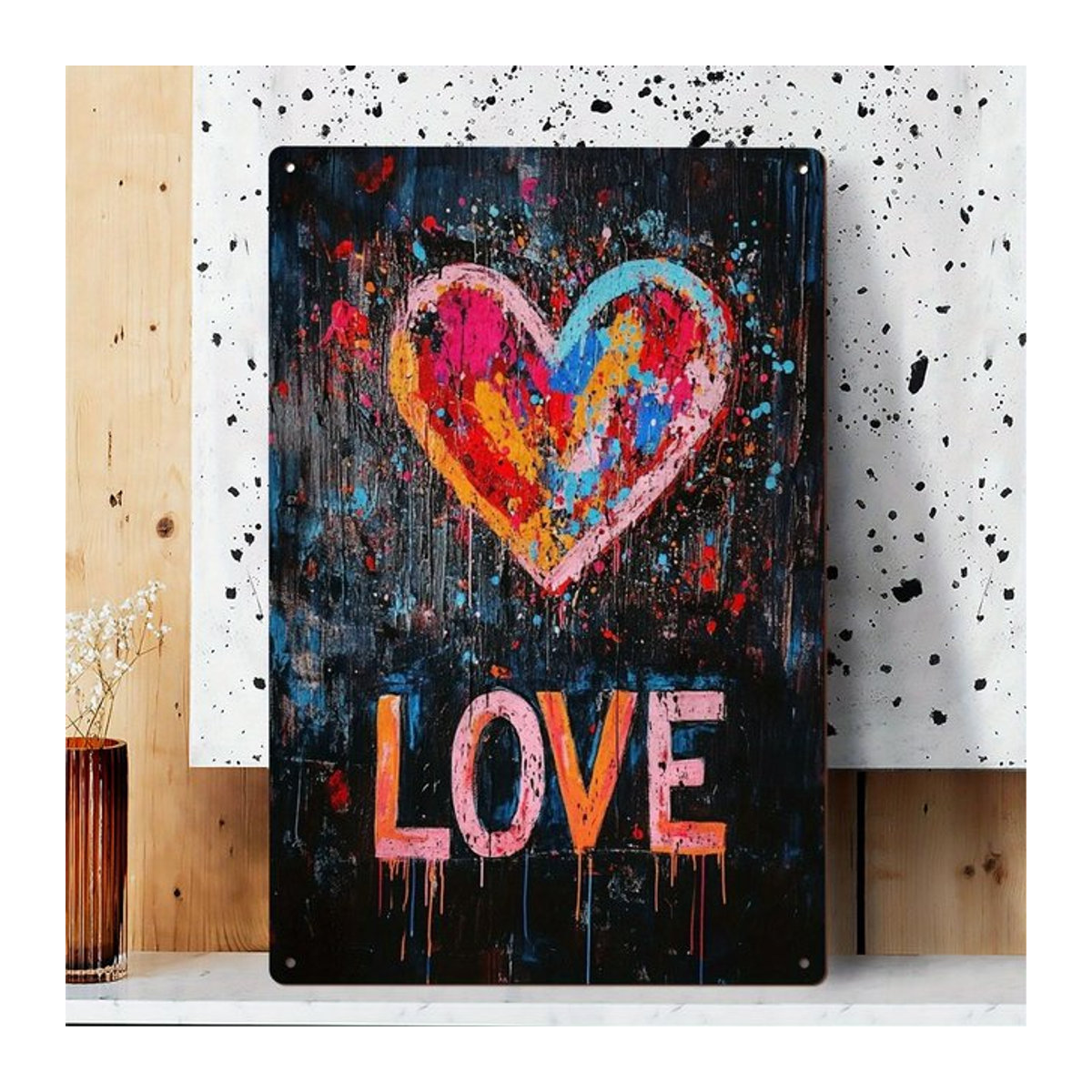 Retro-Graffiti-Metallblechschild von MINISO mit Herz und LIEBE-Schriftzug in Rosa und Blau, Wandmontage, B: 30 cm, H: 30 cm - Bild 1