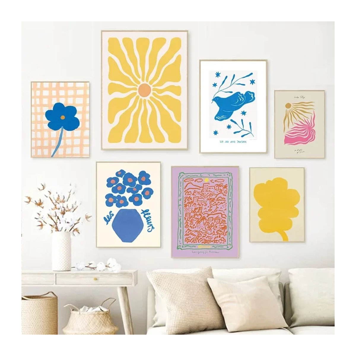 Retro Groovy Flower Gallery Leinwandgemälde von Potdemiel, mehrfarbiges florales Wandbild im Vintage-Stil, Hochformat, rahmenlos - Bild 1