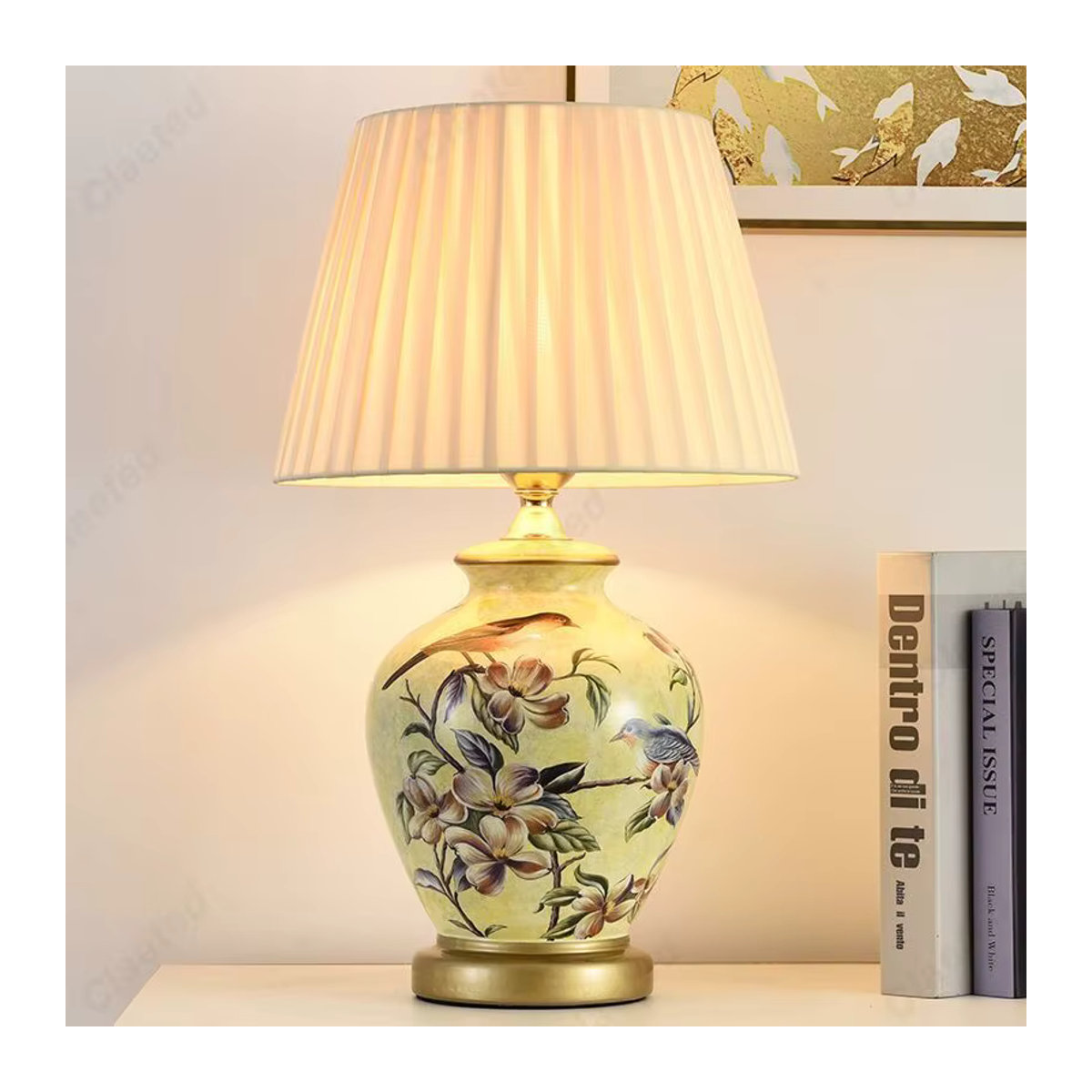 Retro Keramik Tischlampe mit beige Stofflampenschirm und warmweißem LED-Licht für Wohnzimmer und Schlafzimmer - Bild 2