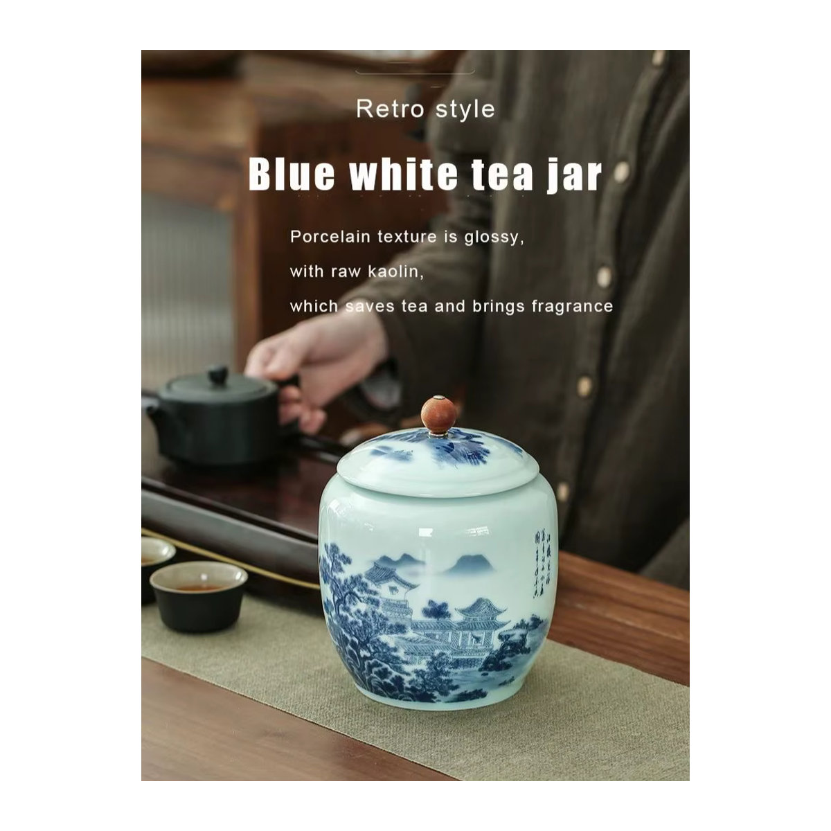 Retro-Keramikdose im chinesischen Stil mit floralem Design in Blau und Weiß zur Aufbewahrung von Tee oder Blumen - Bild 5