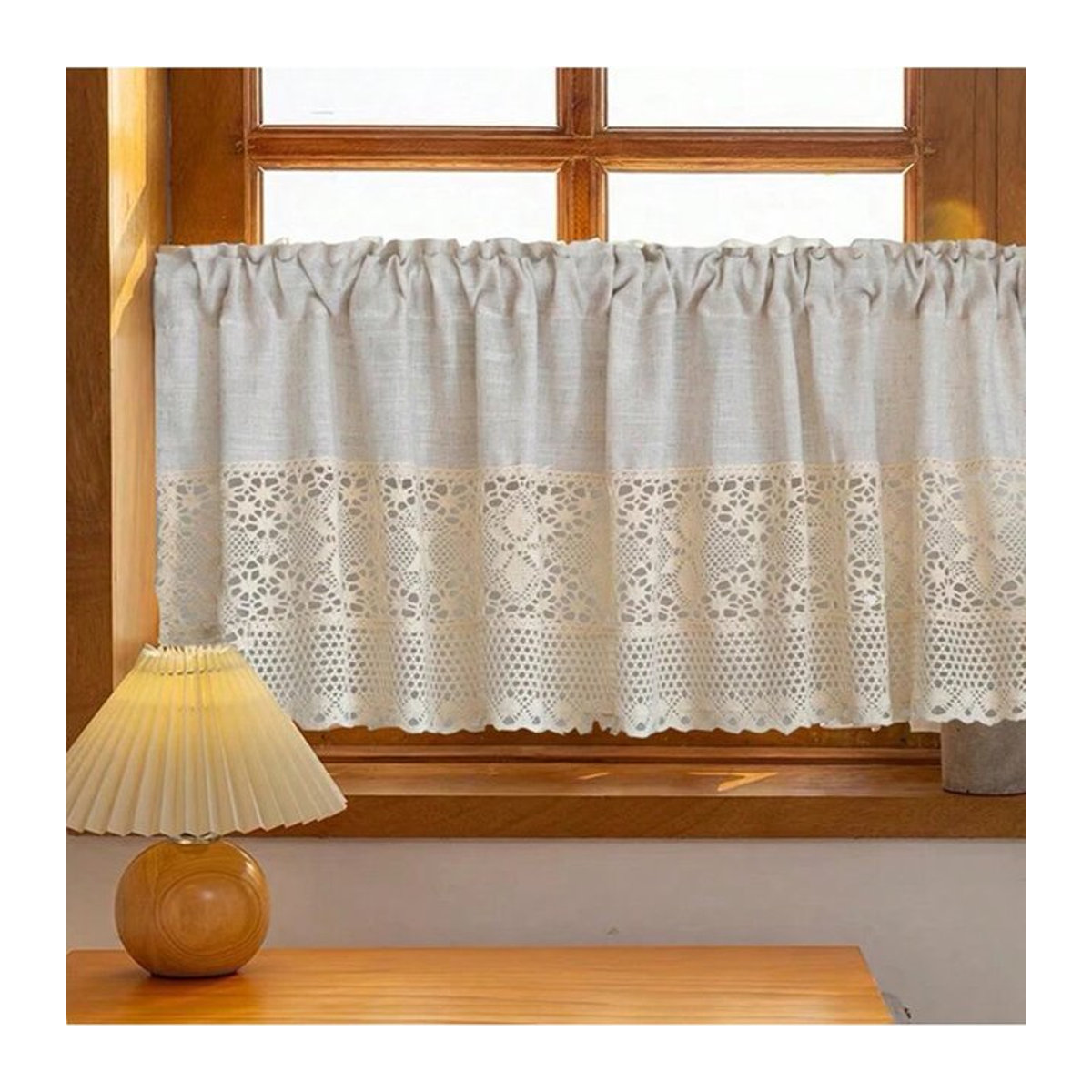 Retro Kurzvorhang aus Baumwolle und Leinen mit Spitze und Quasten in Beige für Küche und Schranktüren - Bild 1