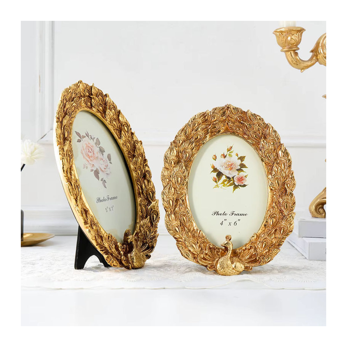 Retro Pfauenfotorahmen aus Kunstharz in Gold, ovaler Tischaufsteller mit floralem Design für deine Dekoration - Bild 2