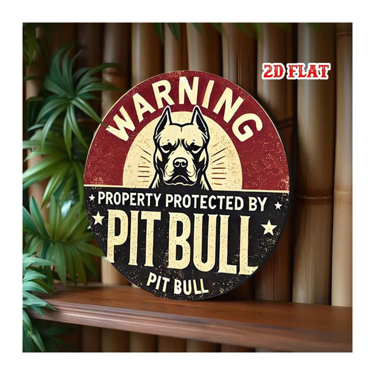 Retro rundes Aluminiumschild Pit Bull Warning & Protection Design mehrfarbig Metallwandkunst Vintage - Bild 1