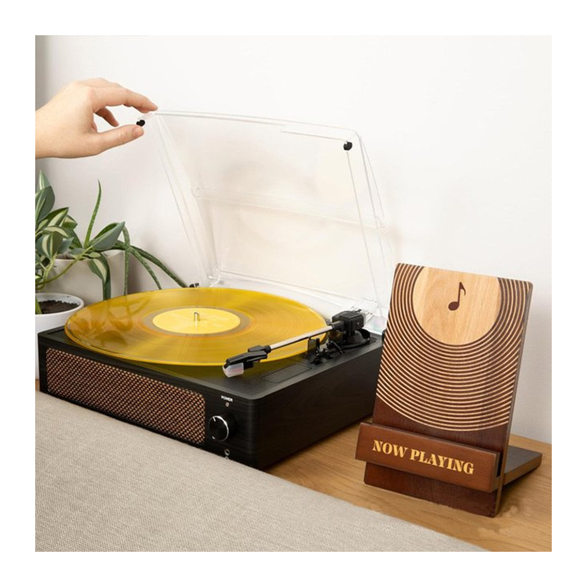 Retro Schallplattenständer aus Holz in Braun als klassisches CD-Rack und Albumcover-Halter für deinen Desktop - Bild 1