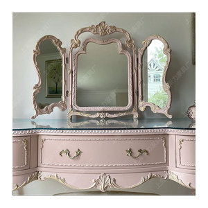 Retro Schminktisch aus Massivholz mit Glaskombination und Hocker in Rosa und Blau im französischen Design