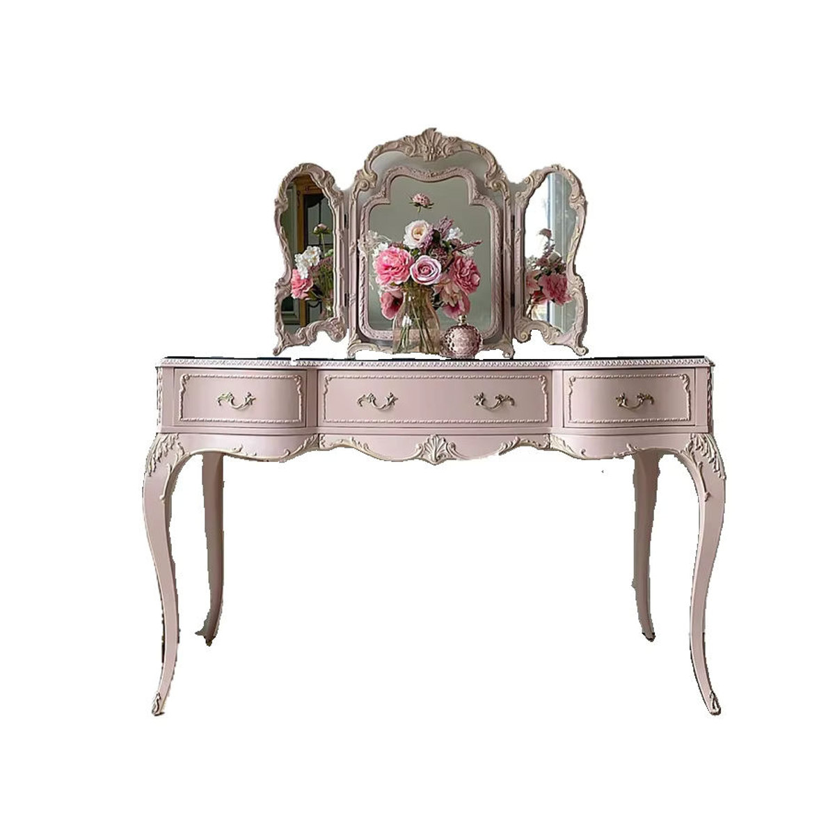 Retro Schminktisch aus Massivholz mit Glaskombination und Hocker in Rosa und Blau im französischen Design - Bild 2