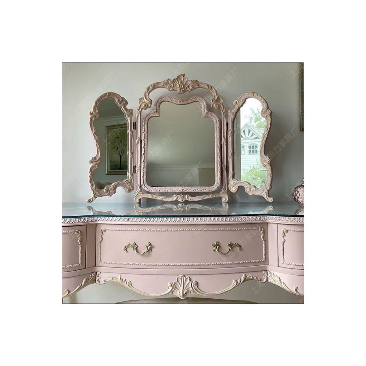 Retro Schminktisch aus Massivholz mit Glaskombination und Hocker in Rosa und Blau im französischen Design - Bild 3