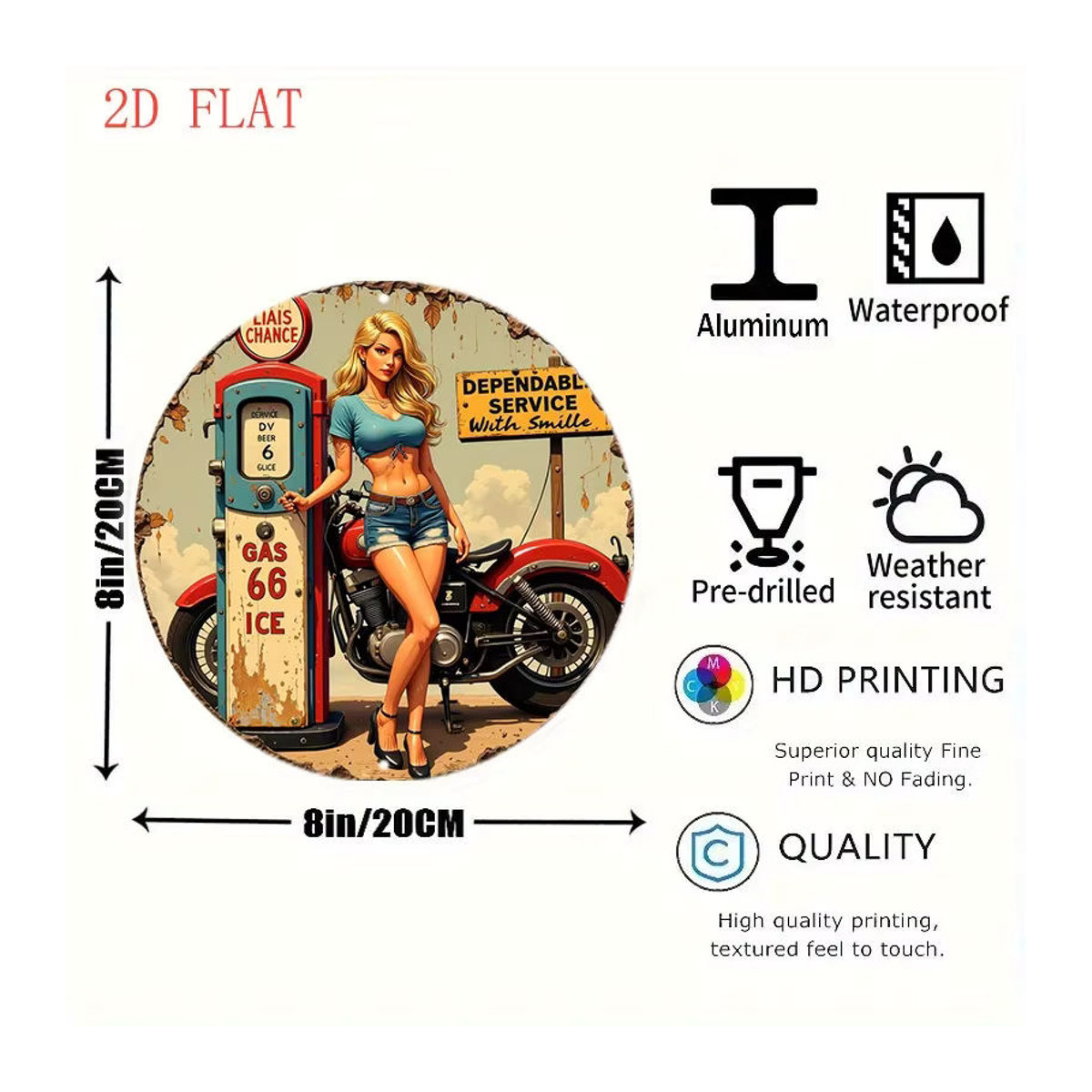Retro Sign Co. Vintage Metall Wandkunst Rund, Mehrfarbiges Blechschild im 50er Jahre Pin Up Stil für Bar und Cafe, Durchmesser: 20,32 cm - Bild 2