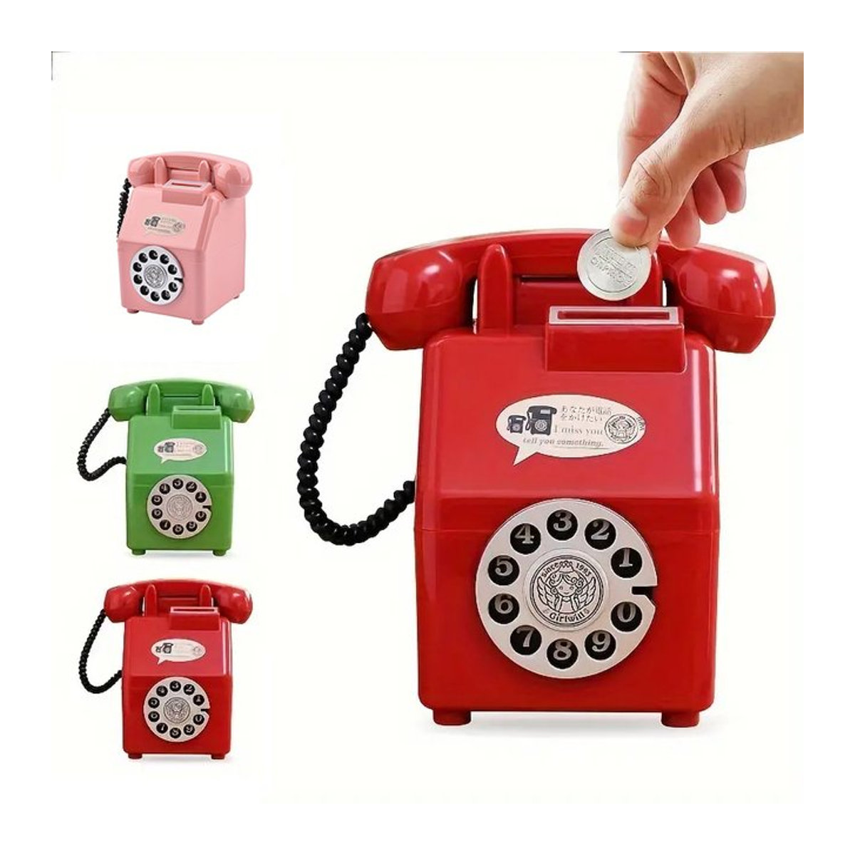 Retro Telefon Gelddose in Rot und Mehrfarbig aus Kunststoff als Vintage Deko und Geschenk für Kinder - Bild 1