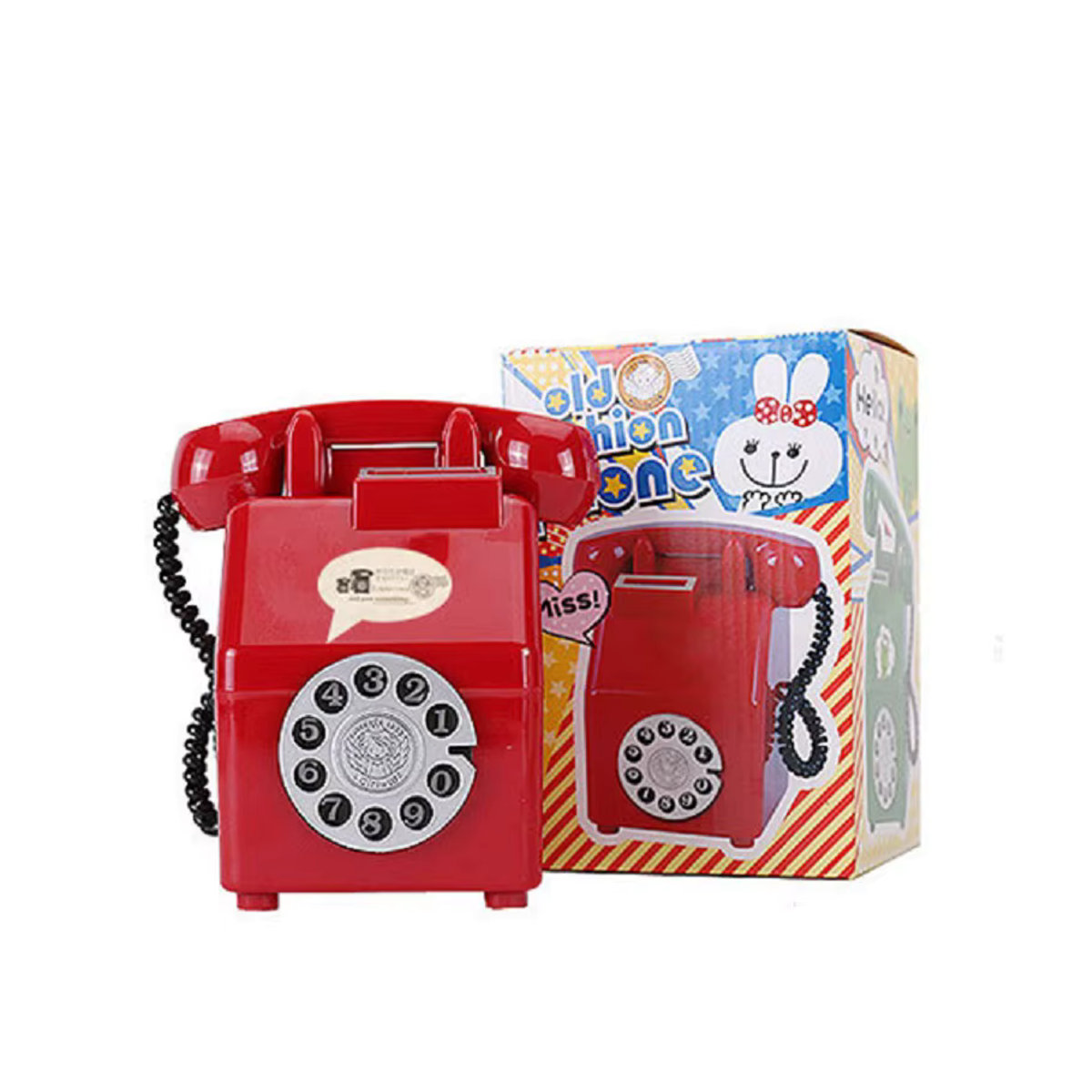 Retro Telefon Gelddose in Rot und Mehrfarbig aus Kunststoff als Vintage Deko und Geschenk für Kinder - Bild 3