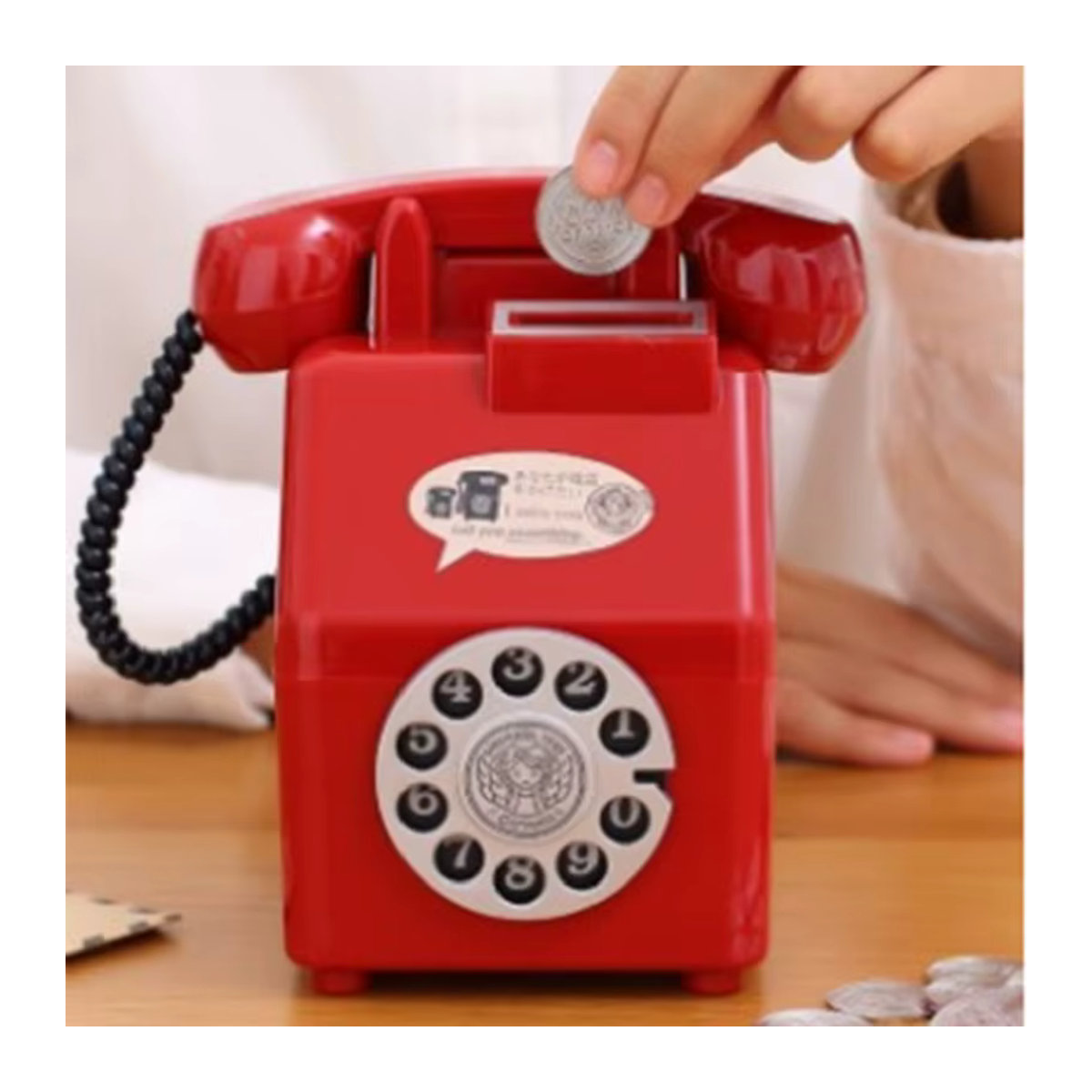 Retro Telefon Gelddose in Rot und Mehrfarbig aus Kunststoff als Vintage Deko und Geschenk für Kinder - Bild 4