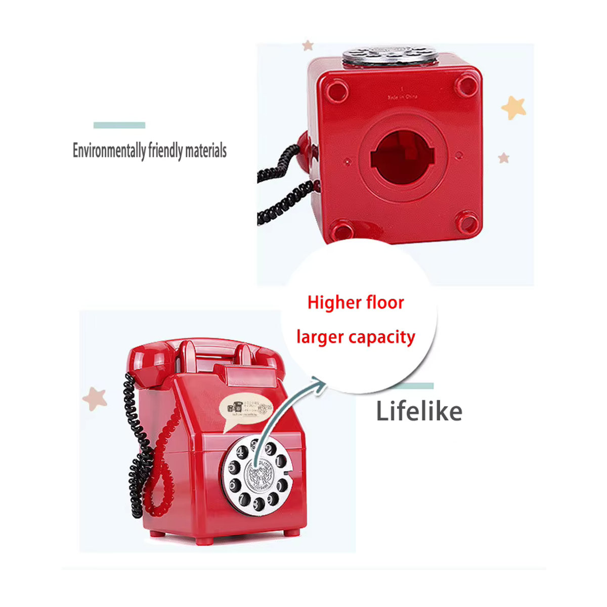 Retro Telefon Gelddose in Rot und Mehrfarbig aus Kunststoff als Vintage Deko und Geschenk für Kinder - Bild 5