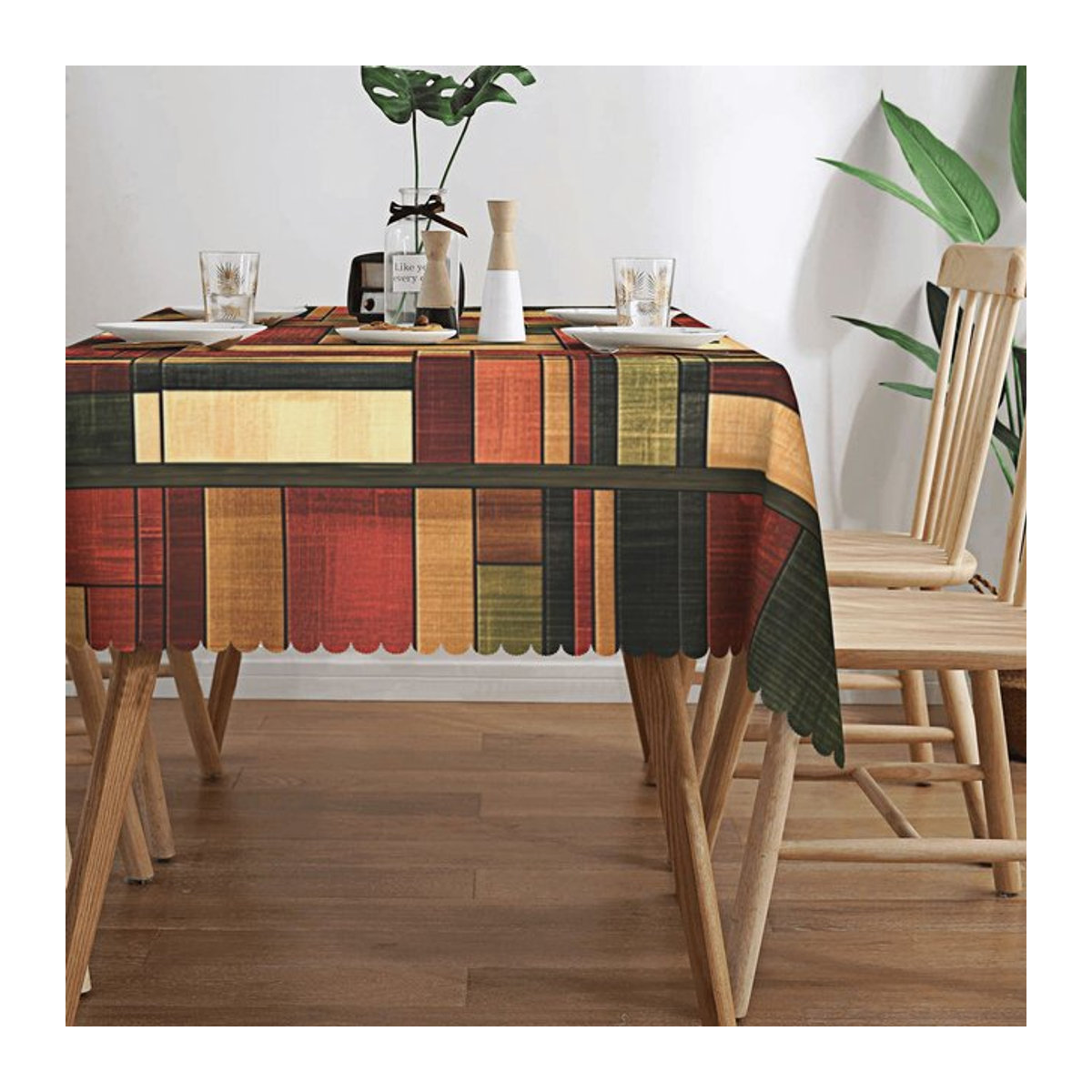Retro-Tischdecke mit mehrfarbigen Streifen und kariertem Aufdruck sowie geprägtem Rand, mehrfarbig - Bild 1