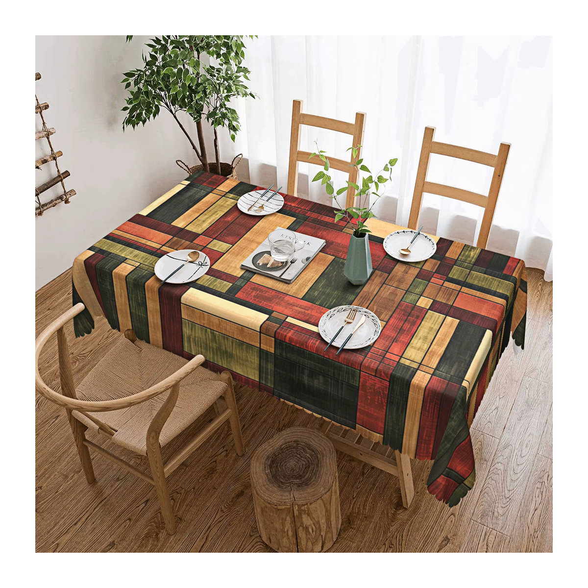 Retro-Tischdecke mit mehrfarbigen Streifen und kariertem Aufdruck sowie geprägtem Rand, mehrfarbig - Bild 2