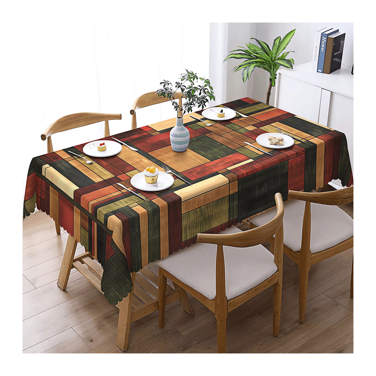 Retro-Tischdecke mit mehrfarbigen Streifen und kariertem Aufdruck sowie geprägtem Rand, mehrfarbig - Bild 3
