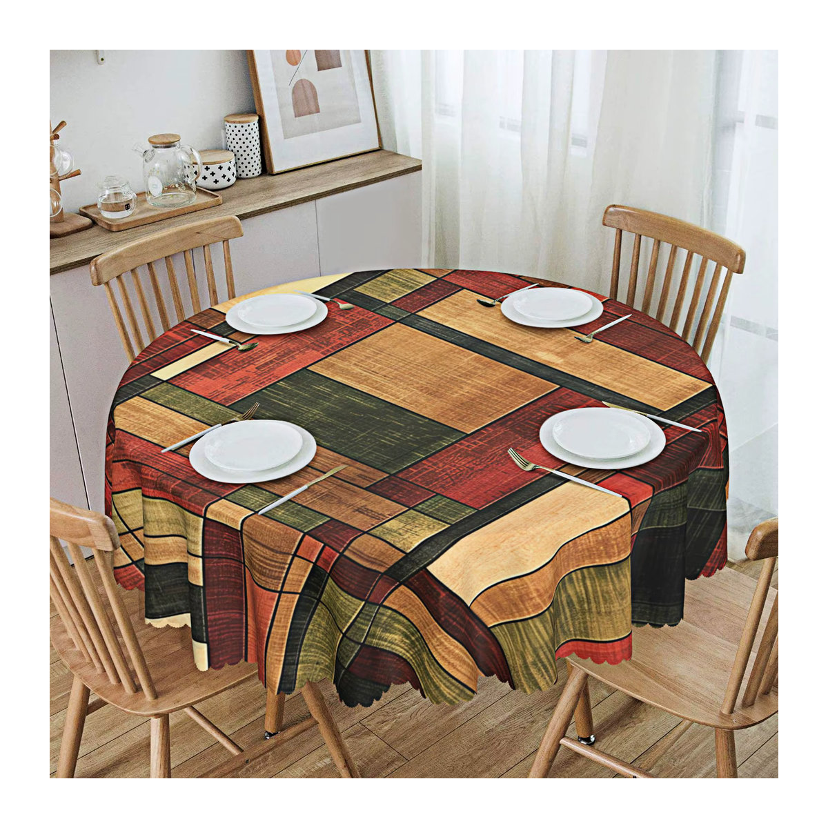 Retro-Tischdecke mit mehrfarbigen Streifen und kariertem Aufdruck sowie geprägtem Rand, mehrfarbig - Bild 4