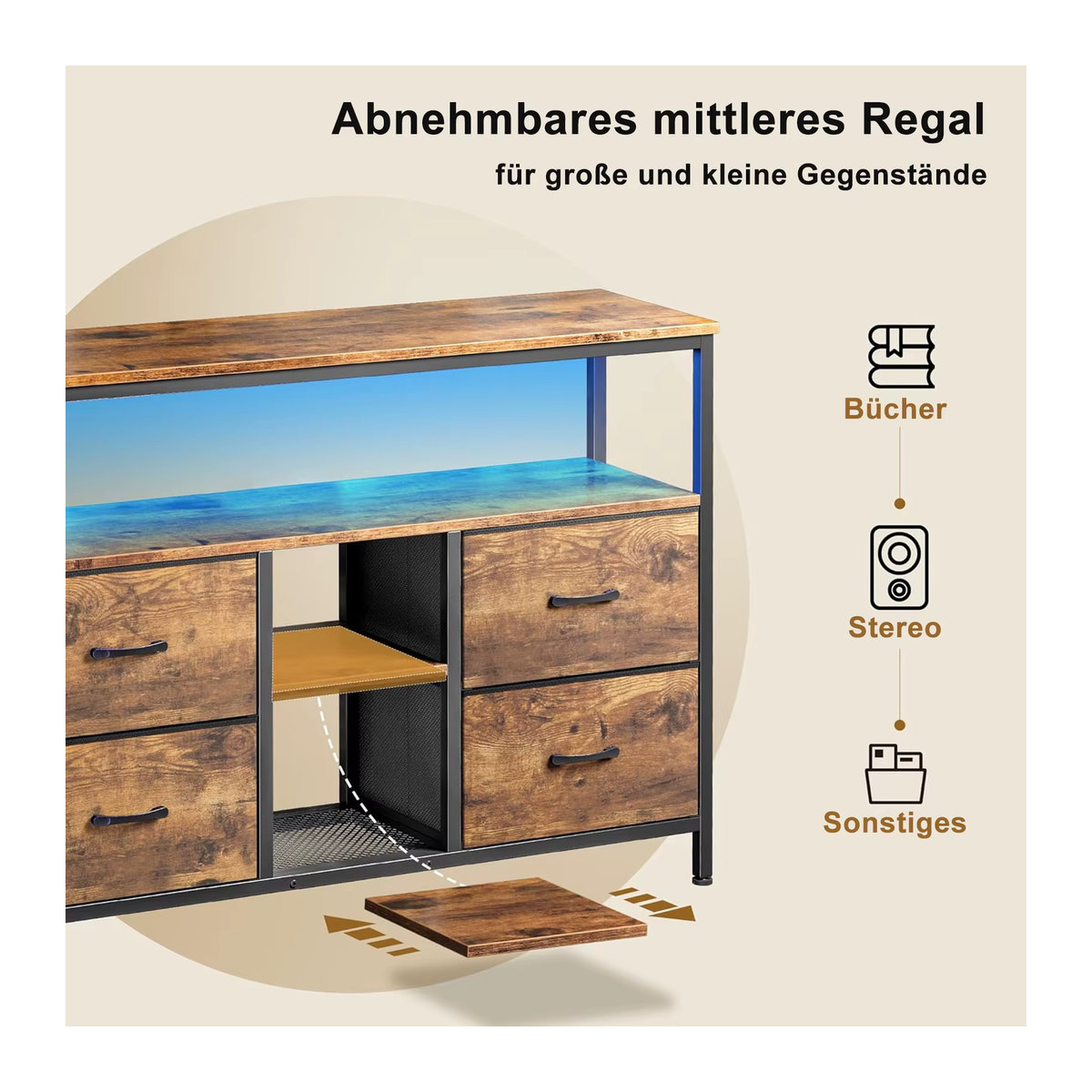 Retro TV-Schrank mit LED-Beleuchtung und Eisenrahmen in Braun und Rosahqnda mit Schubladen - Bild 4