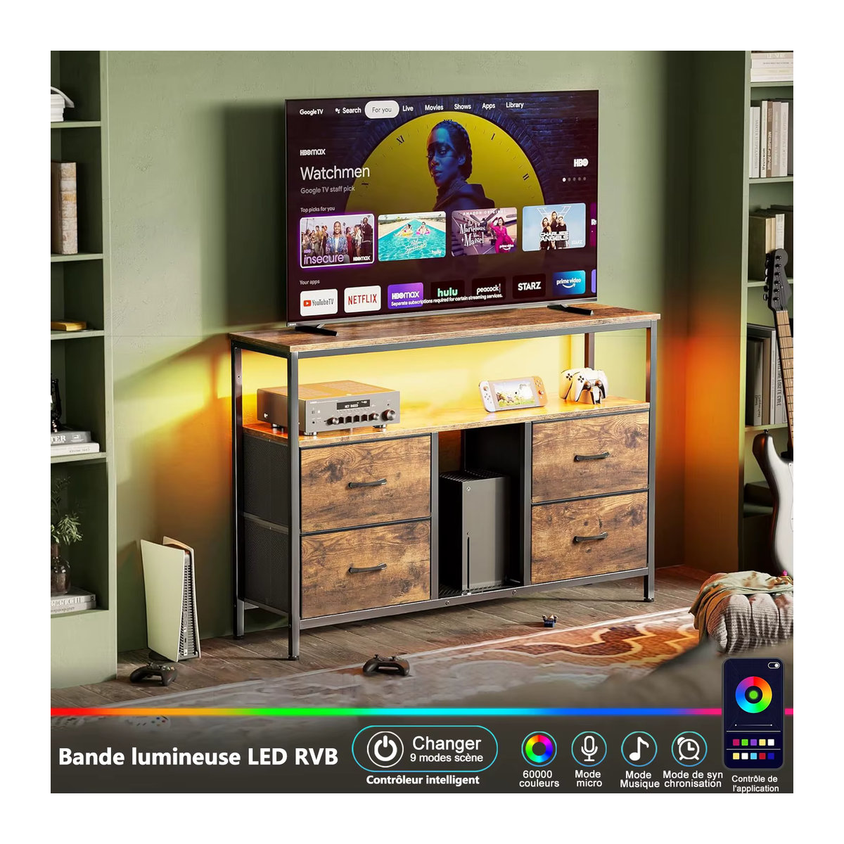 Retro TV-Schrank mit LED-Beleuchtung und Eisenrahmen in Braun und Rosahqnda mit Schubladen - Bild 5