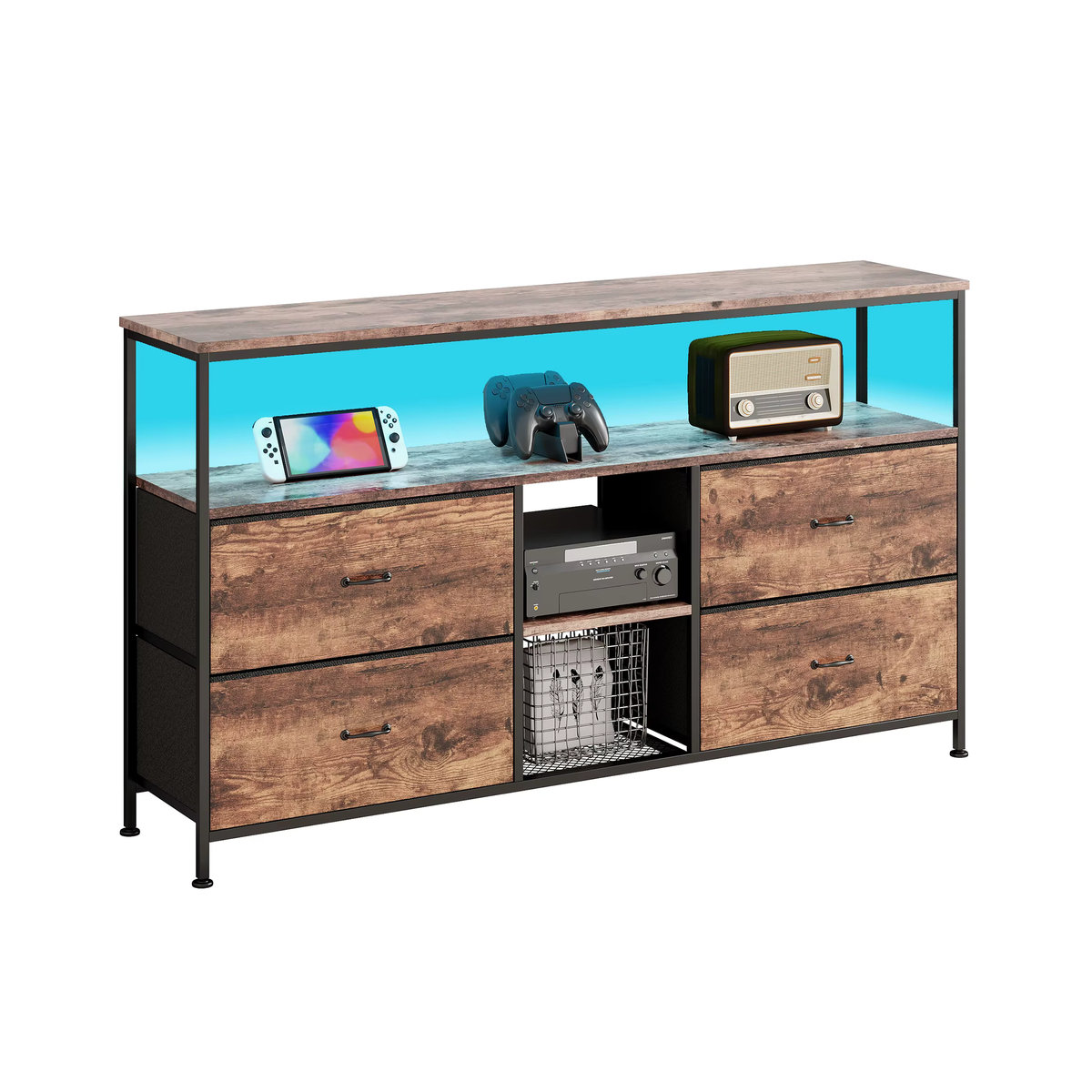 Retro TV-Schrank mit LED-Beleuchtung und Eisenrahmen in Braun und Rosahqnda mit Schubladen - Bild 6