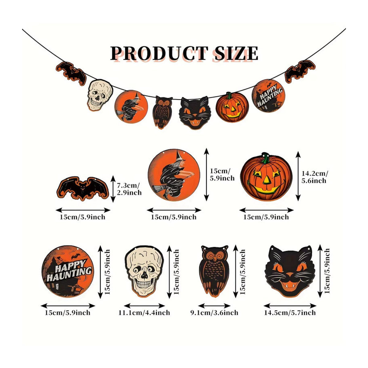 Retro Vintage Halloween Banner mit Kürbis, Katzen, Hexen und Geistern als mehrfarbige hängende Dekoration - Bild 2