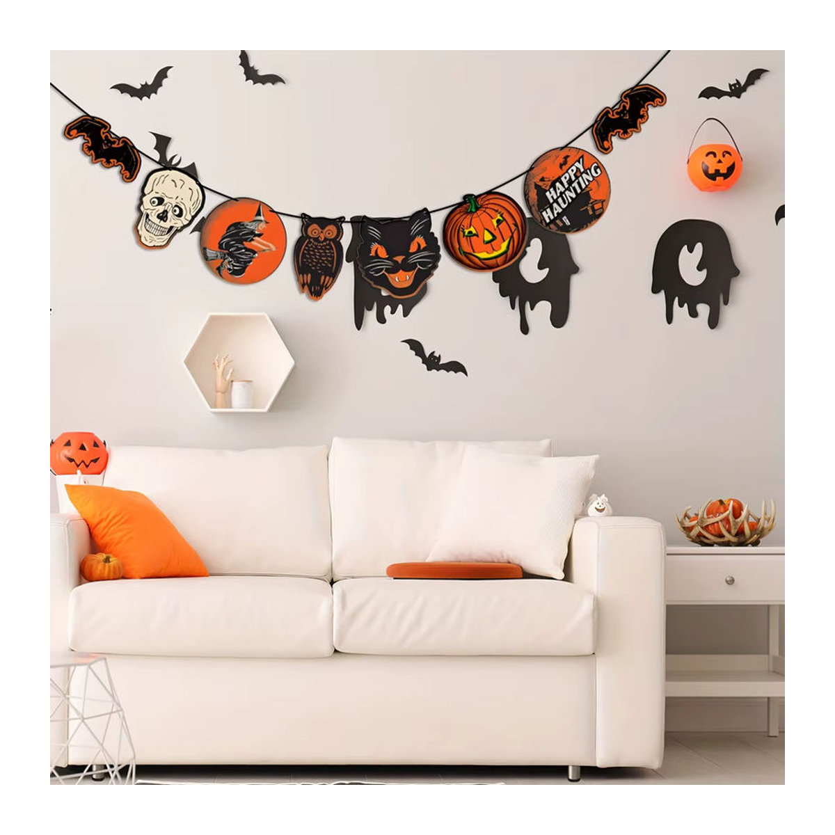 Retro Vintage Halloween Banner mit Kürbis, Katzen, Hexen und Geistern als mehrfarbige hängende Dekoration - Bild 3