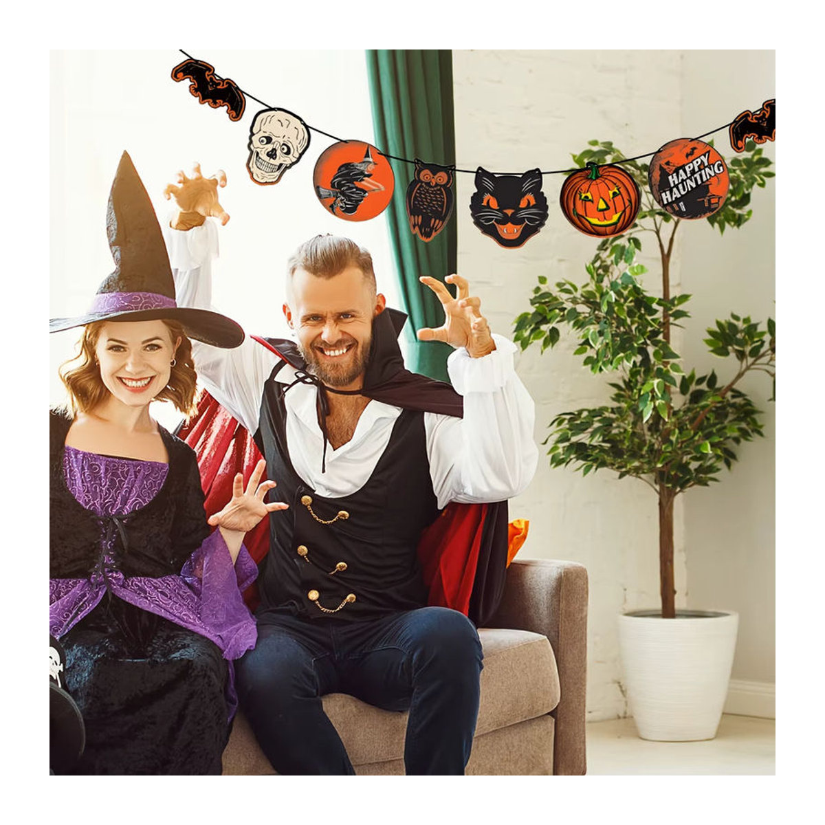 Retro Vintage Halloween Banner mit Kürbis, Katzen, Hexen und Geistern als mehrfarbige hängende Dekoration - Bild 4