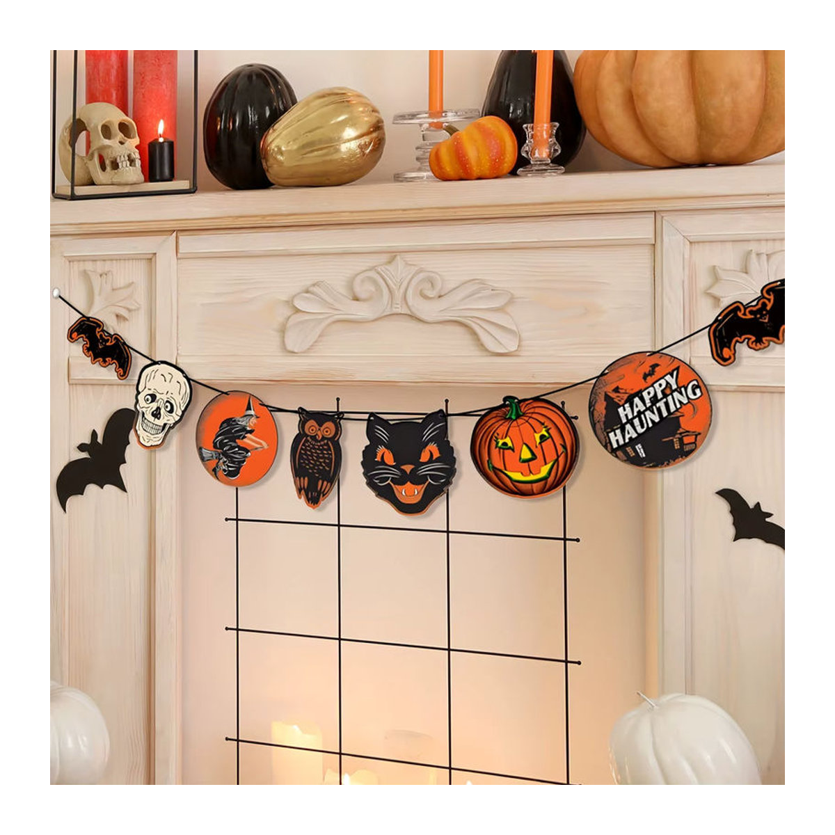 Retro Vintage Halloween Banner mit Kürbis, Katzen, Hexen und Geistern als mehrfarbige hängende Dekoration - Bild 5