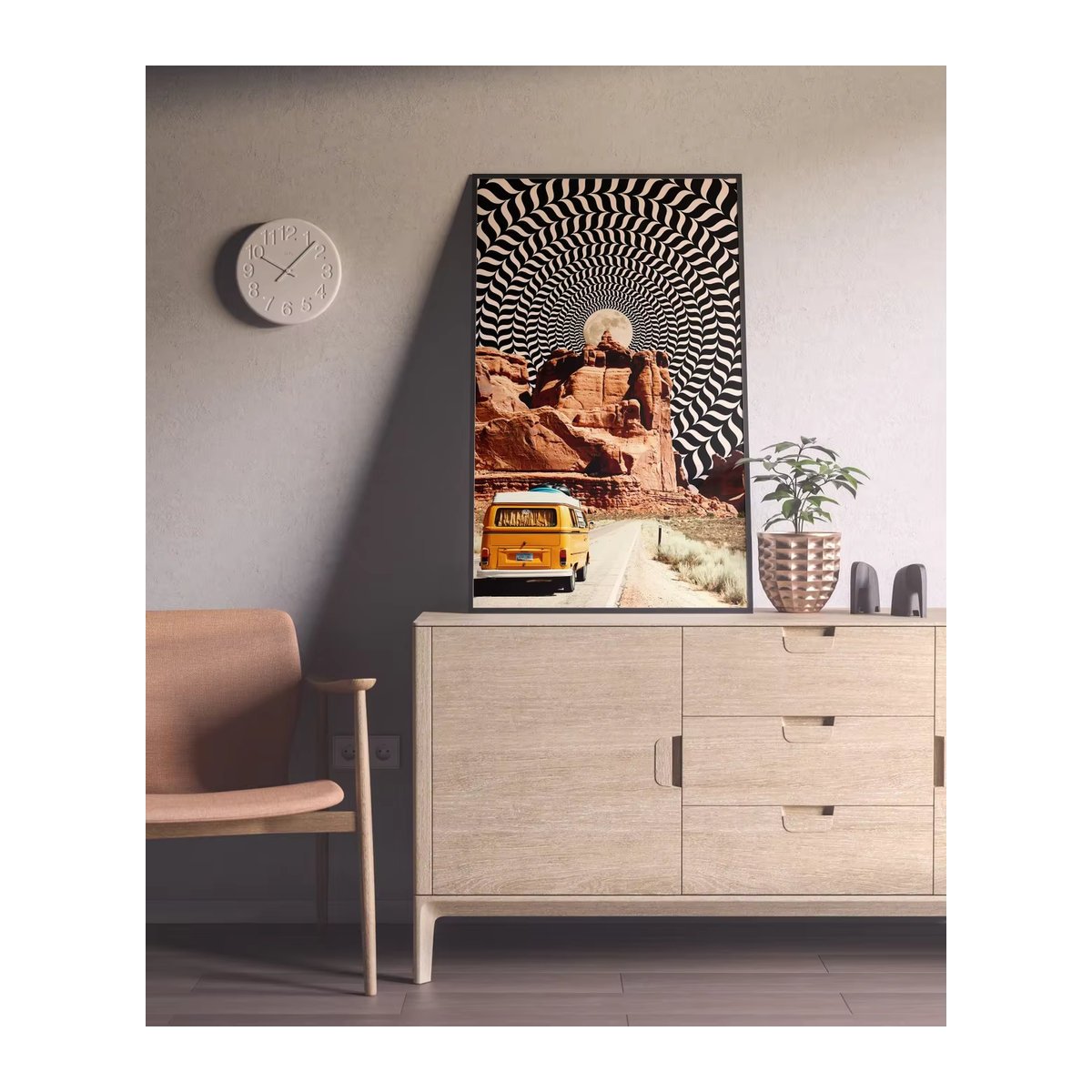 Retro-Wandbild mit gelbem VW-Bus in Wüstenlandschaft, psychedelische Vintage-Collage in Hochformat für deine Wandmontage - Bild 2