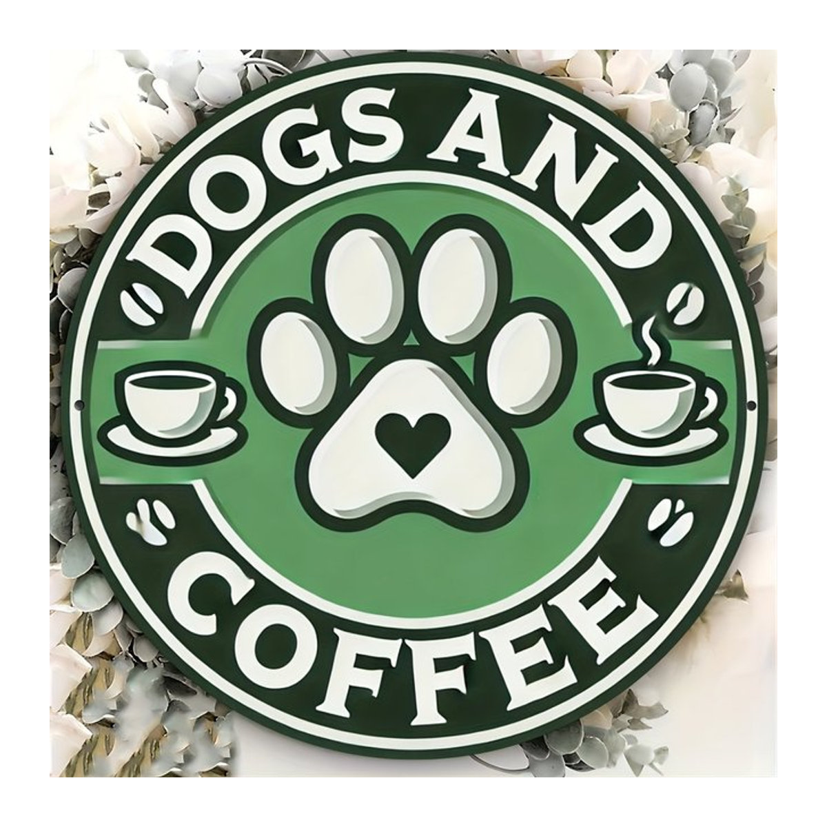 Retro Wanddekoration Hunde und Kaffee aus Metall in Grün, rundes Vintage Blechschild für Zuhause, Café oder Bar, Durchmesser: 20,3 cm - Bild 1