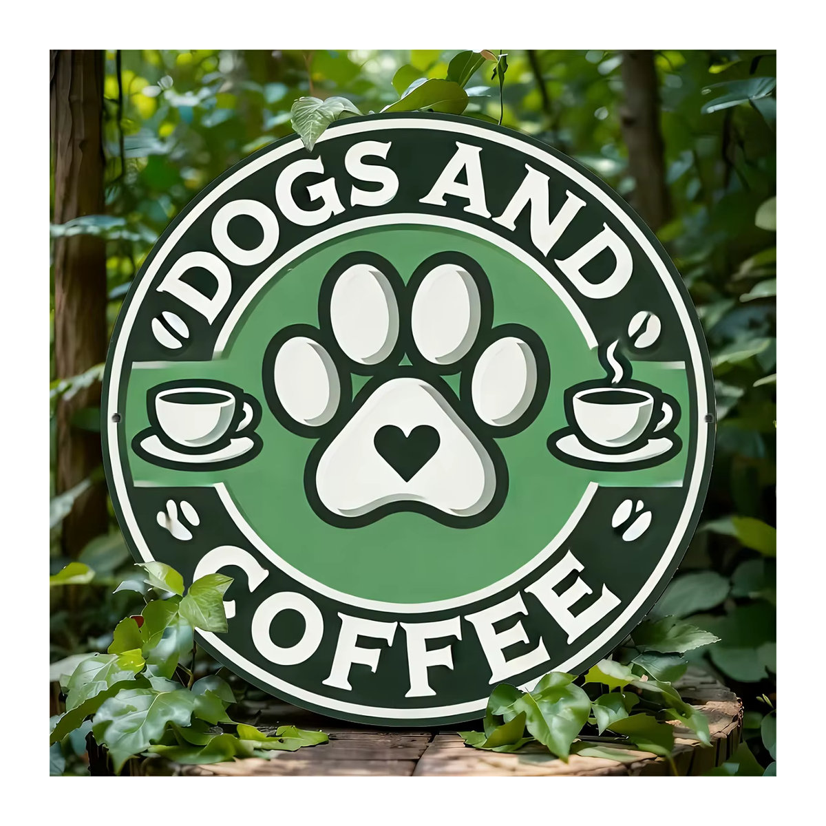 Retro Wanddekoration Hunde und Kaffee aus Metall in Grün, rundes Vintage Blechschild für Zuhause, Café oder Bar, Durchmesser: 20,3 cm - Bild 3