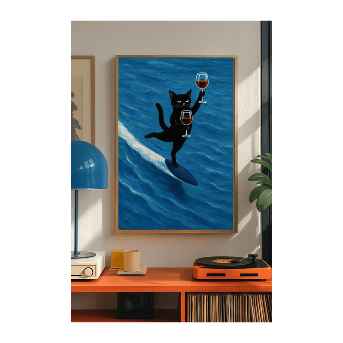 Retro Wandkunst Poster mit Katzen-Motiv im Mid-Century Modern Stil, Blau, Digitaldruck auf Papier - Bild 1