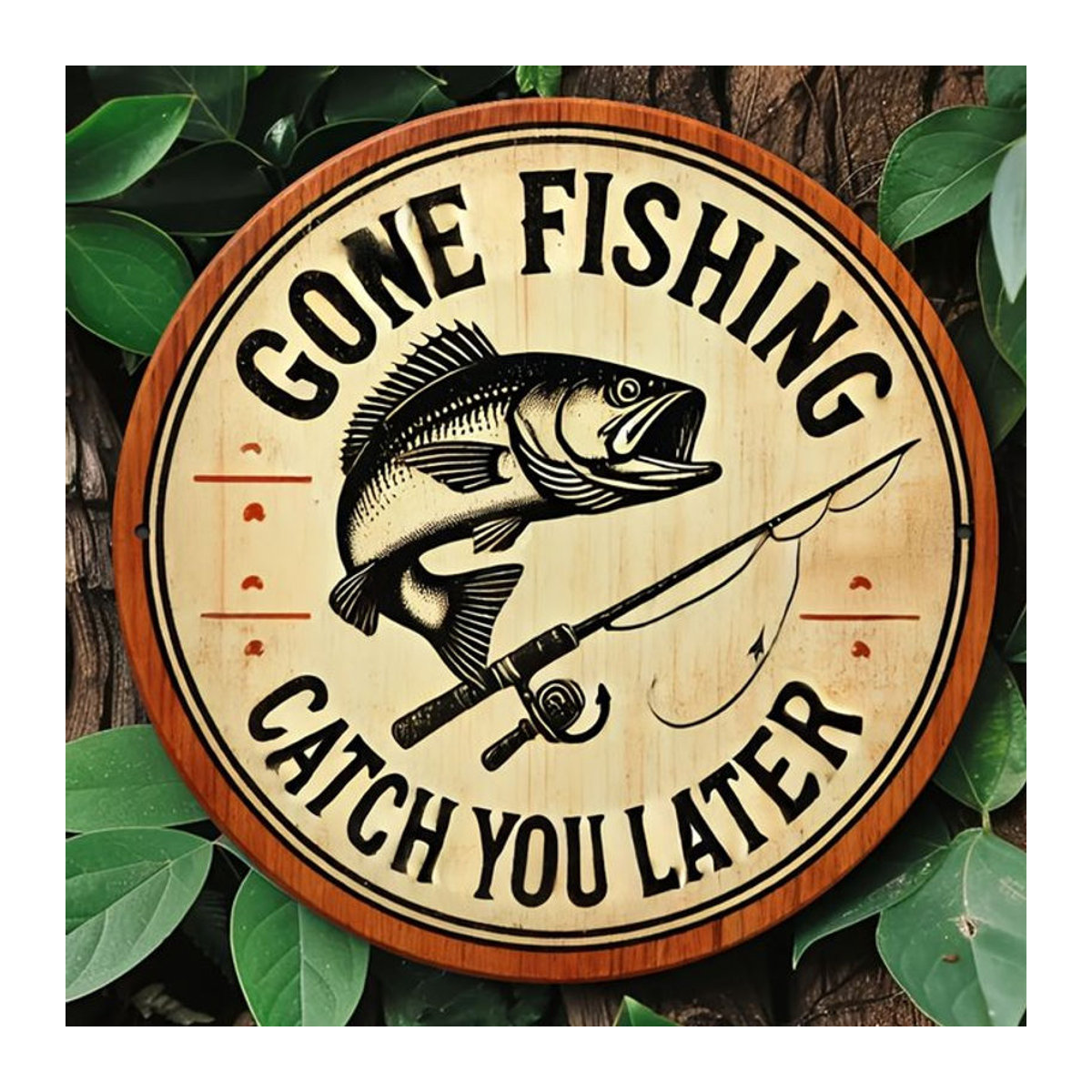 Retro Wandkunstschild Gone Fishing Catch You Later aus Metall in Beige, quadratisch, B/H: 20,32 x 20,32 cm - Bild 1